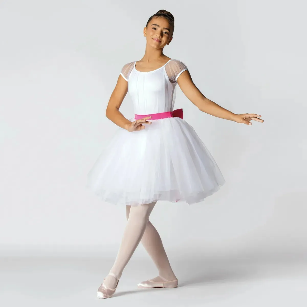 1st Position Scoop Neck Net Overlay Romantic Tutu with Contrasting Bow Trim
