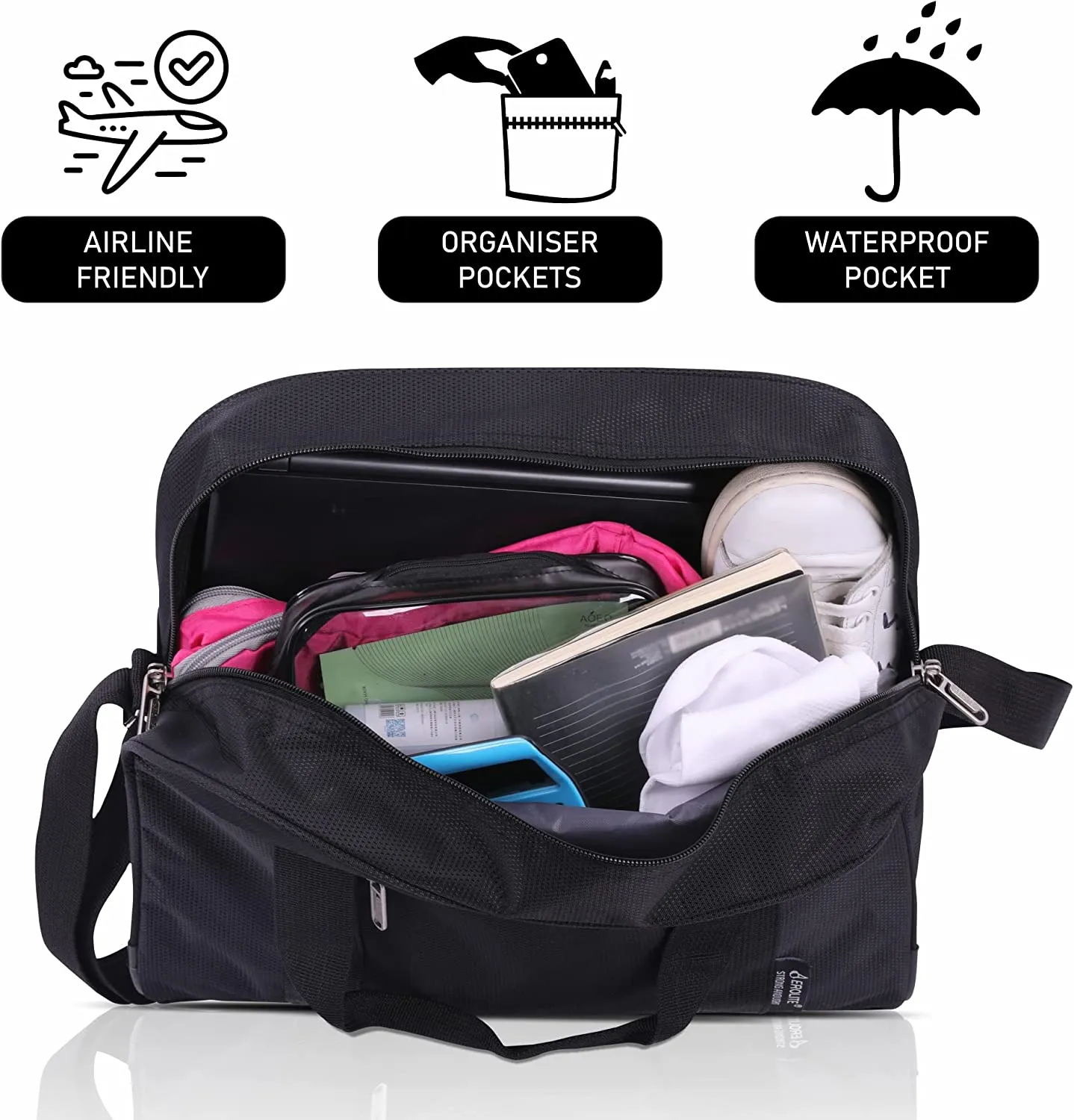 AEROLITE (40x30x15cm) New and Improved 2024 British Airways, KLM, Air France, Turkish Airlines Maximum Allowance Size Holdall, Cabin Luggage Under Seat Flight Bag, Black
