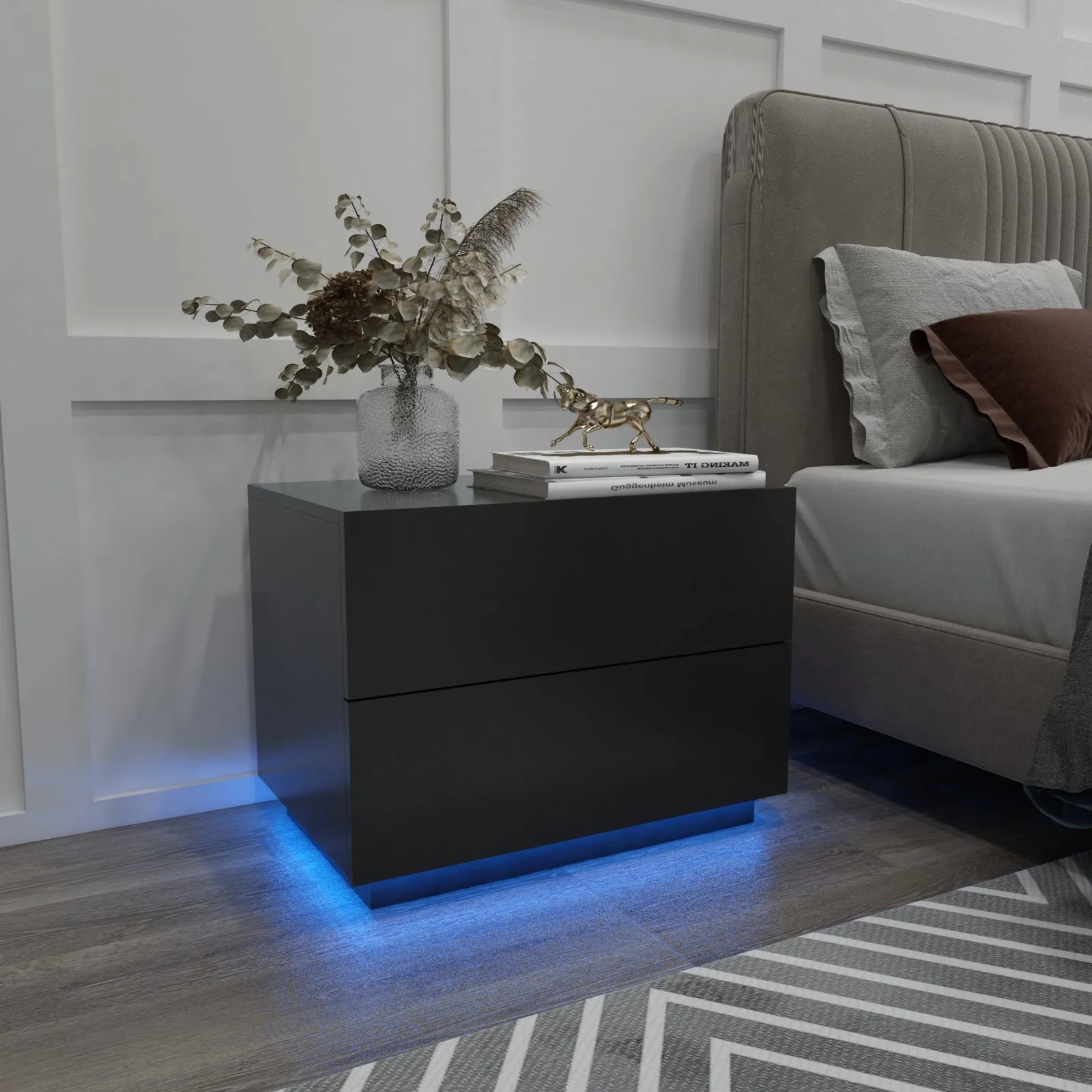 Bedside Table, LED Bedside Cabinet with 2 Drawers High Gloss with USB Light