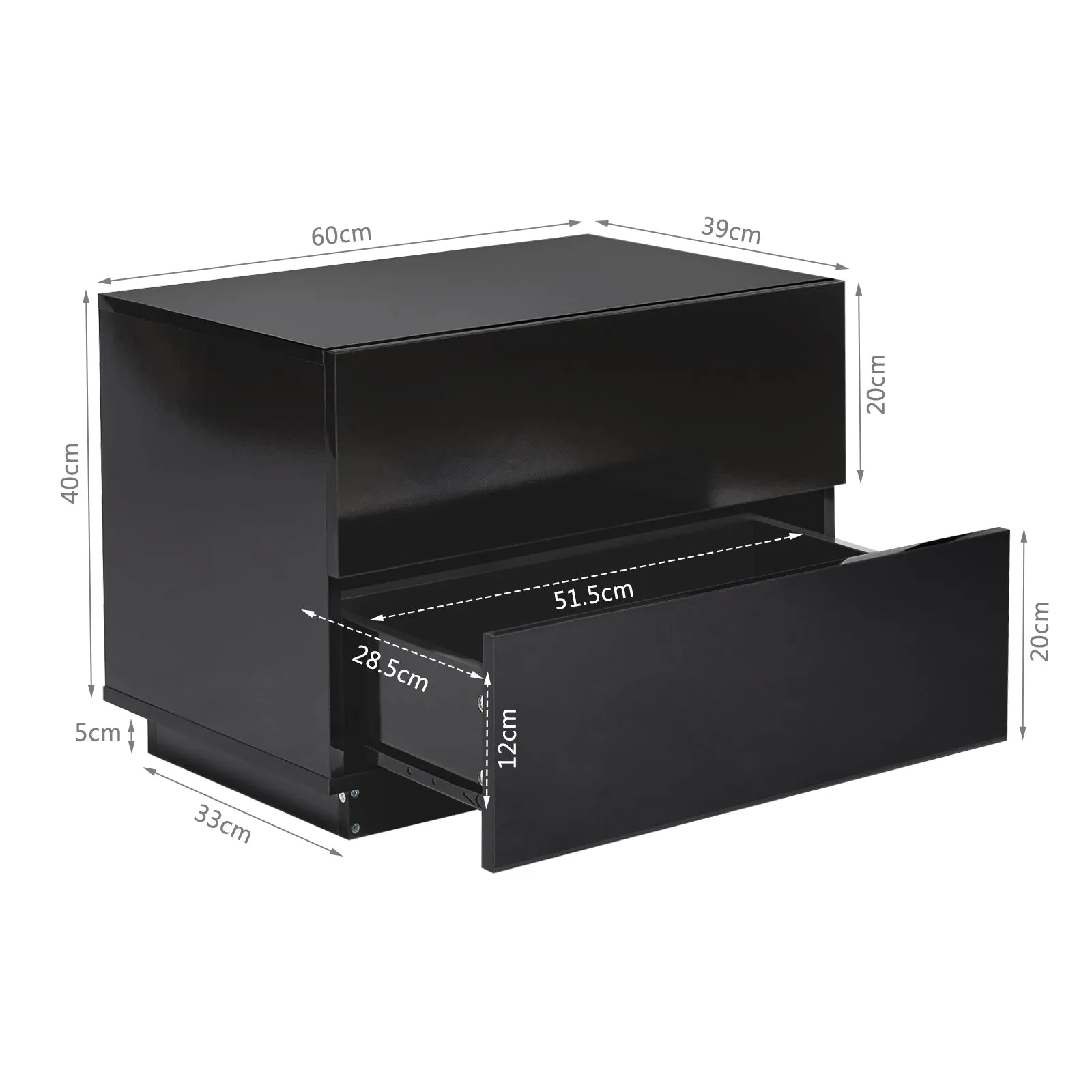 Bedside Table, LED Bedside Cabinet with 2 Drawers High Gloss with USB Light