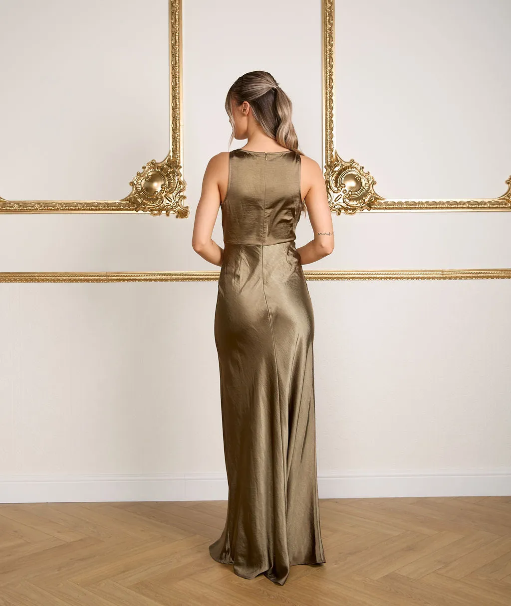 Cowl Front Satin Bridesmaid Dress - Olive