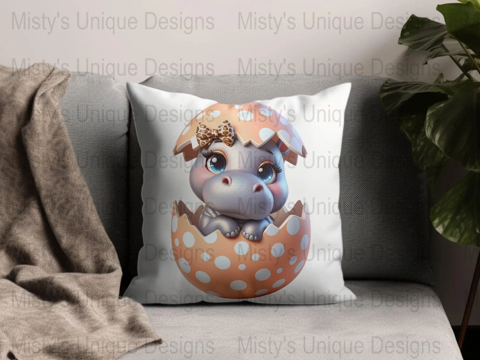 Cute Baby Hippo Clipart, Digital Download, Nursery Decor, Animal PNG, Cartoon Hippo Egg, Baby Shower Artwork, Girly Bow Pattern Design