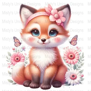 Cute Fox Clipart, Floral Woodland Animal PNG, Digital Download, Nursery Decor Art, Baby Shower Decoration, Girly Fox Illustration, Printable