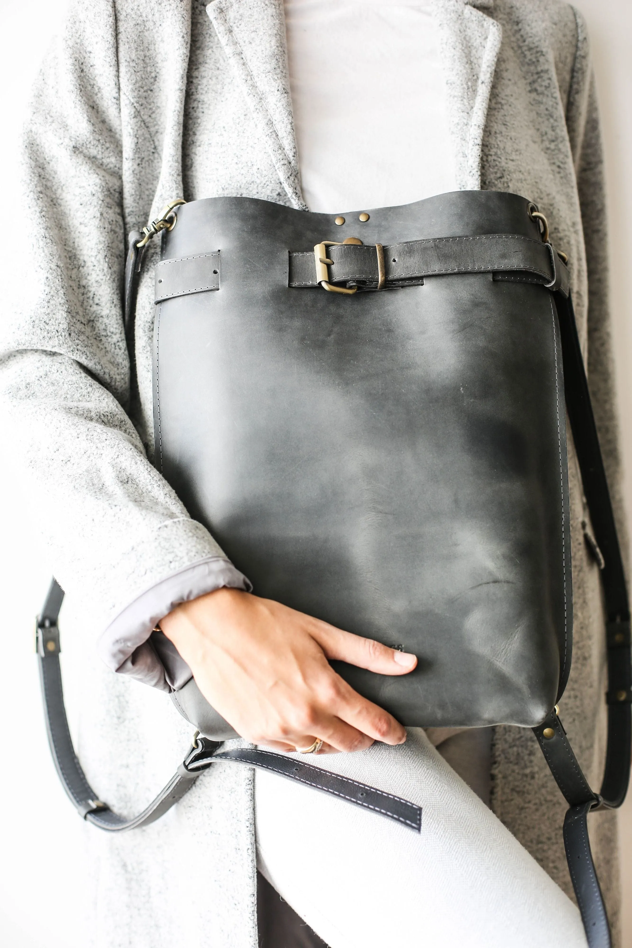 Gray Large Leather Backpack Purse
