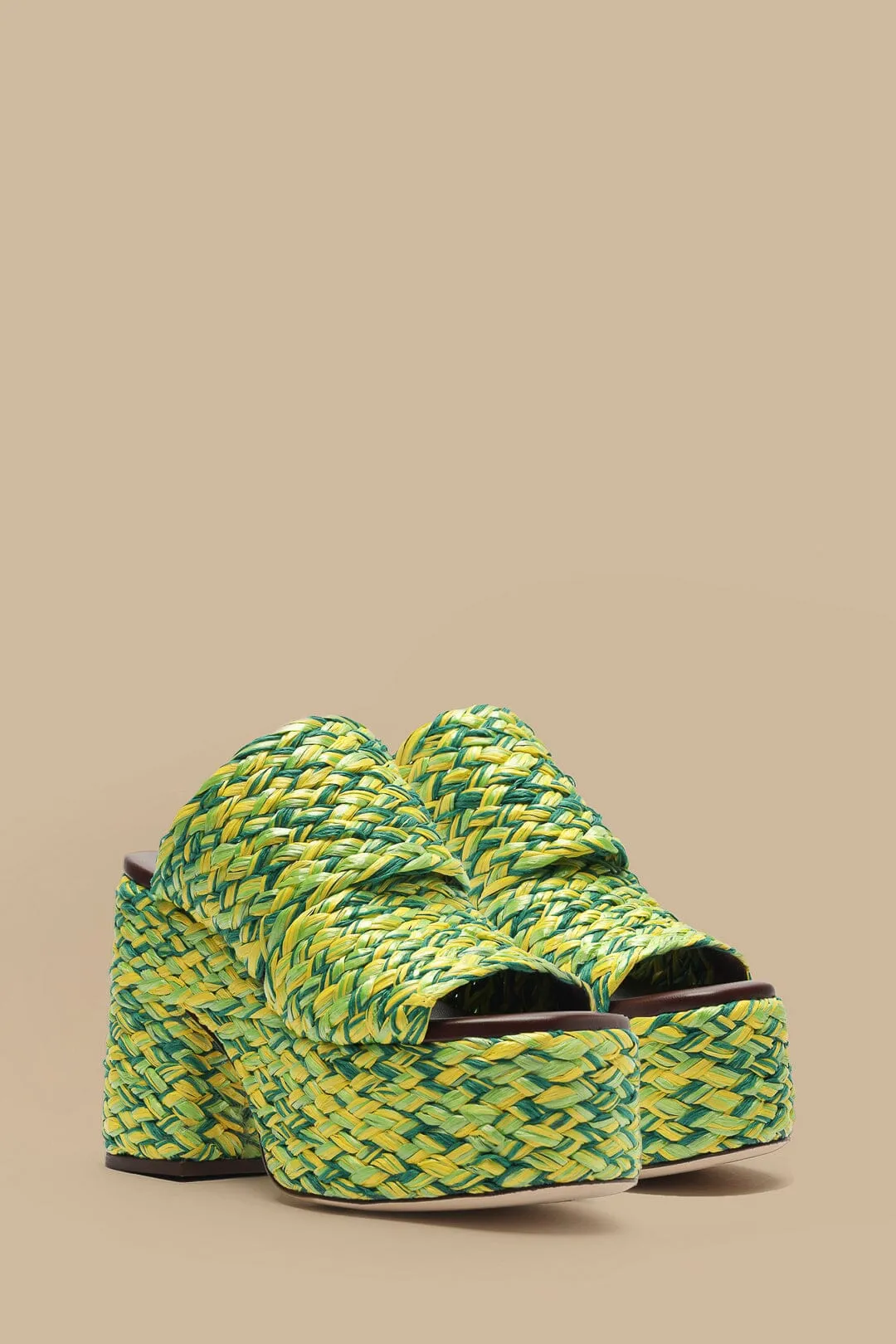 Green And Yellow Braided Raffia Platform Sandal