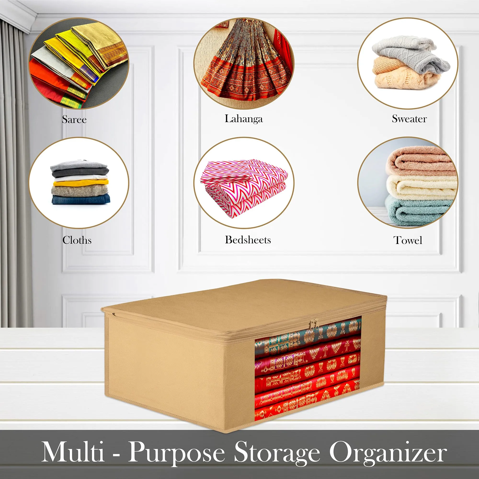 Heart Home Saree Cover | Clothes Storage Bag | Storage Organizer Bag | Zip Closure Saree Cover | Wardrobe Organizer | Plain Transparent Window Saree Cover | 6 Inch | Pack of 3 | Brown