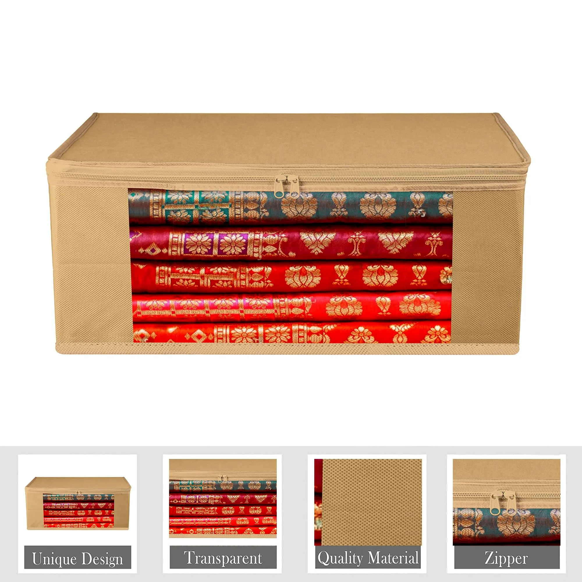 Heart Home Saree Cover | Clothes Storage Bag | Storage Organizer Bag | Zip Closure Saree Cover | Wardrobe Organizer | Plain Transparent Window Saree Cover | 6 Inch | Pack of 3 | Brown