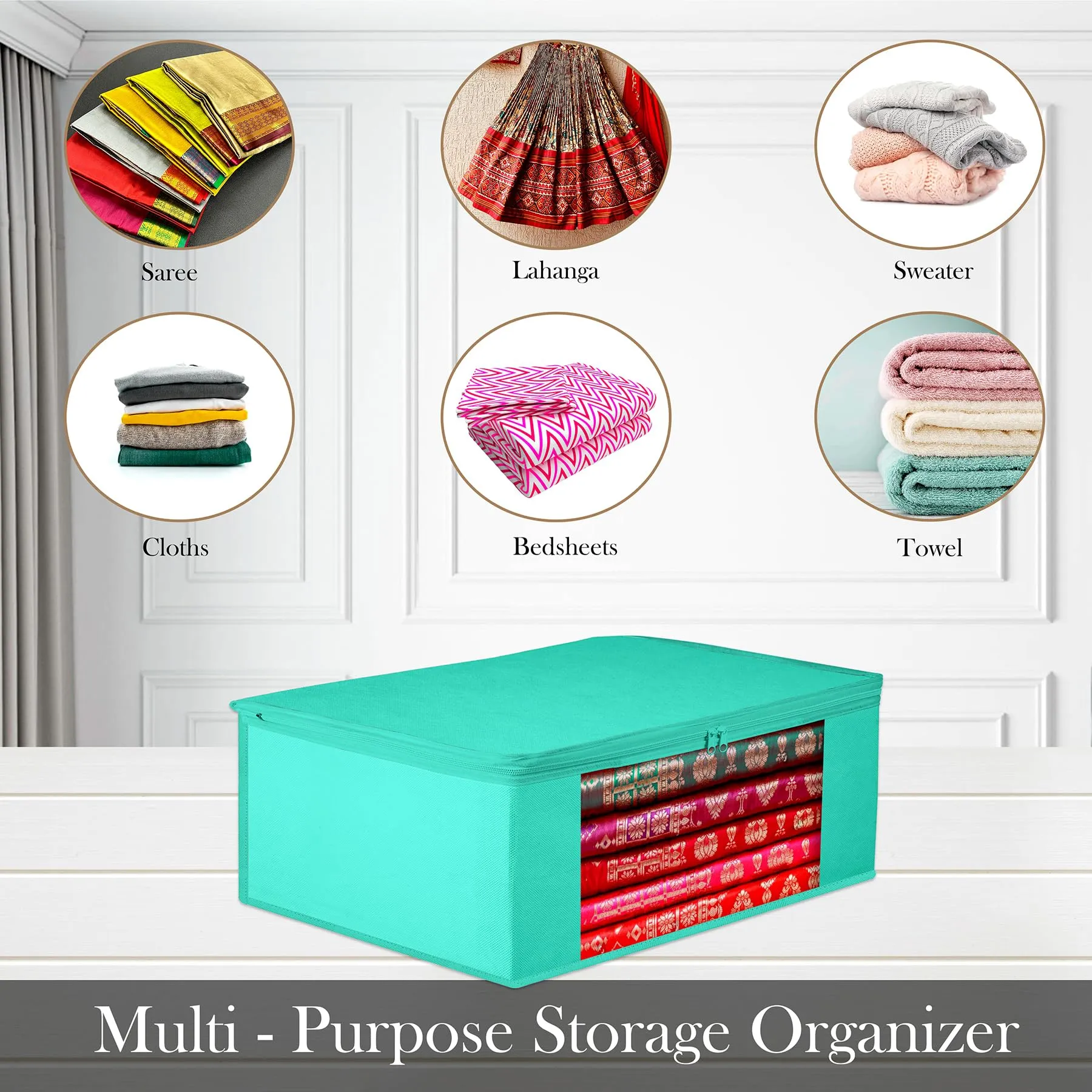 Heart Home Saree Cover | Clothes Storage Bag | Storage Organizer Bag | Zip Closure Saree Cover | Wardrobe Organizer | Plain Transparent Window Saree Cover | 6 Inch | Pack of 3 | Green