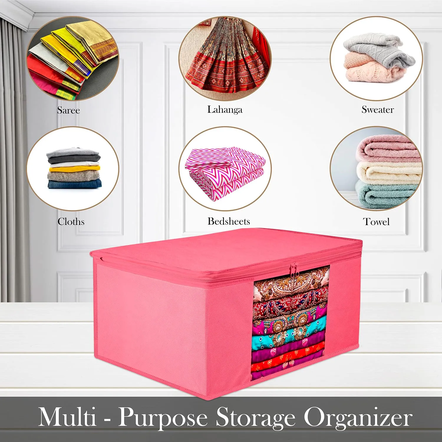 Heart Home Saree Cover | Zip Closure Saree Cover | Clothes Storage Bag | Wardrobe Organiser for Suit | Transparent Window Saree Cover | Plain Saree Cover | 9 inch | Pack of 3 | Pink