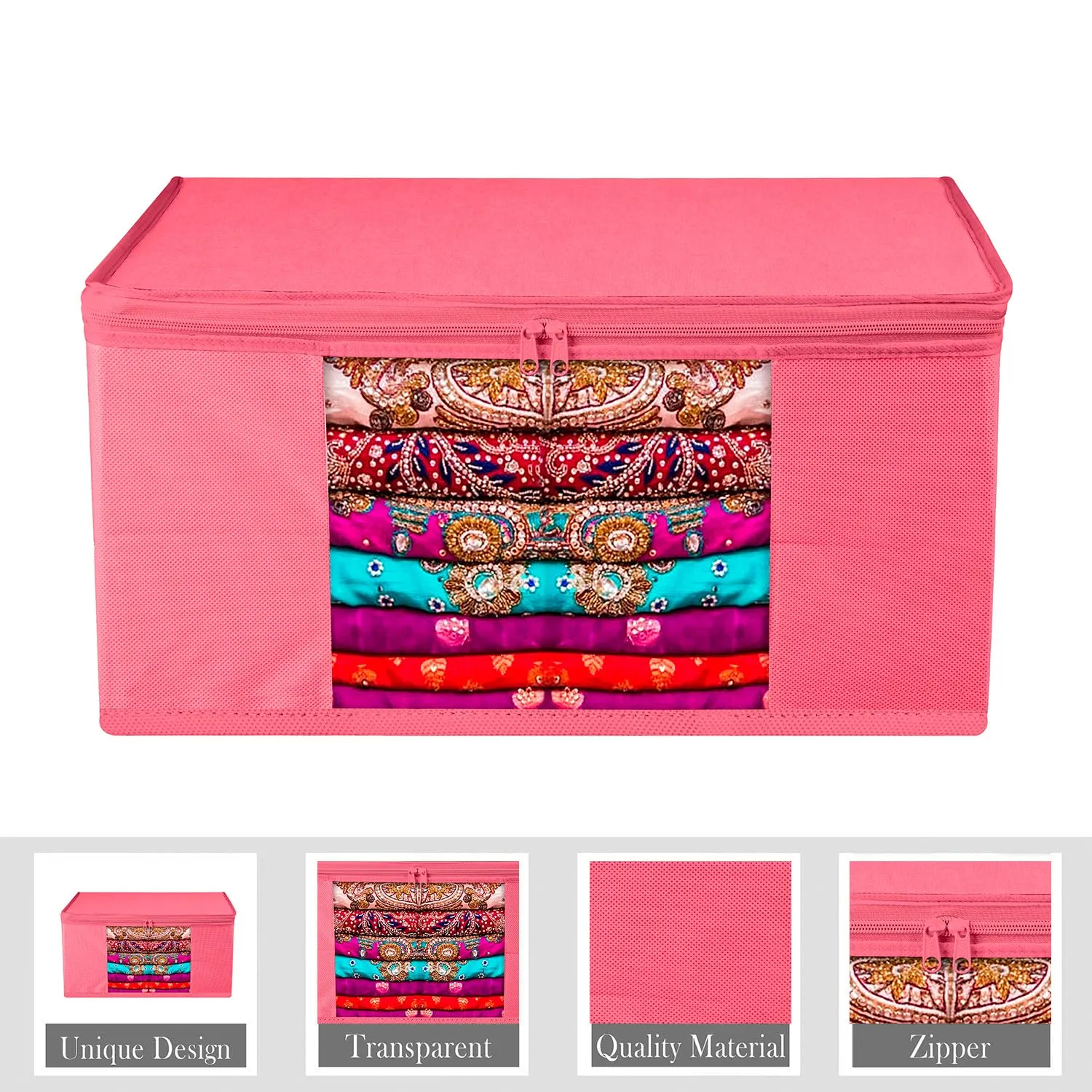 Heart Home Saree Cover | Zip Closure Saree Cover | Clothes Storage Bag | Wardrobe Organiser for Suit | Transparent Window Saree Cover | Plain Saree Cover | 9 inch | Pack of 3 | Pink