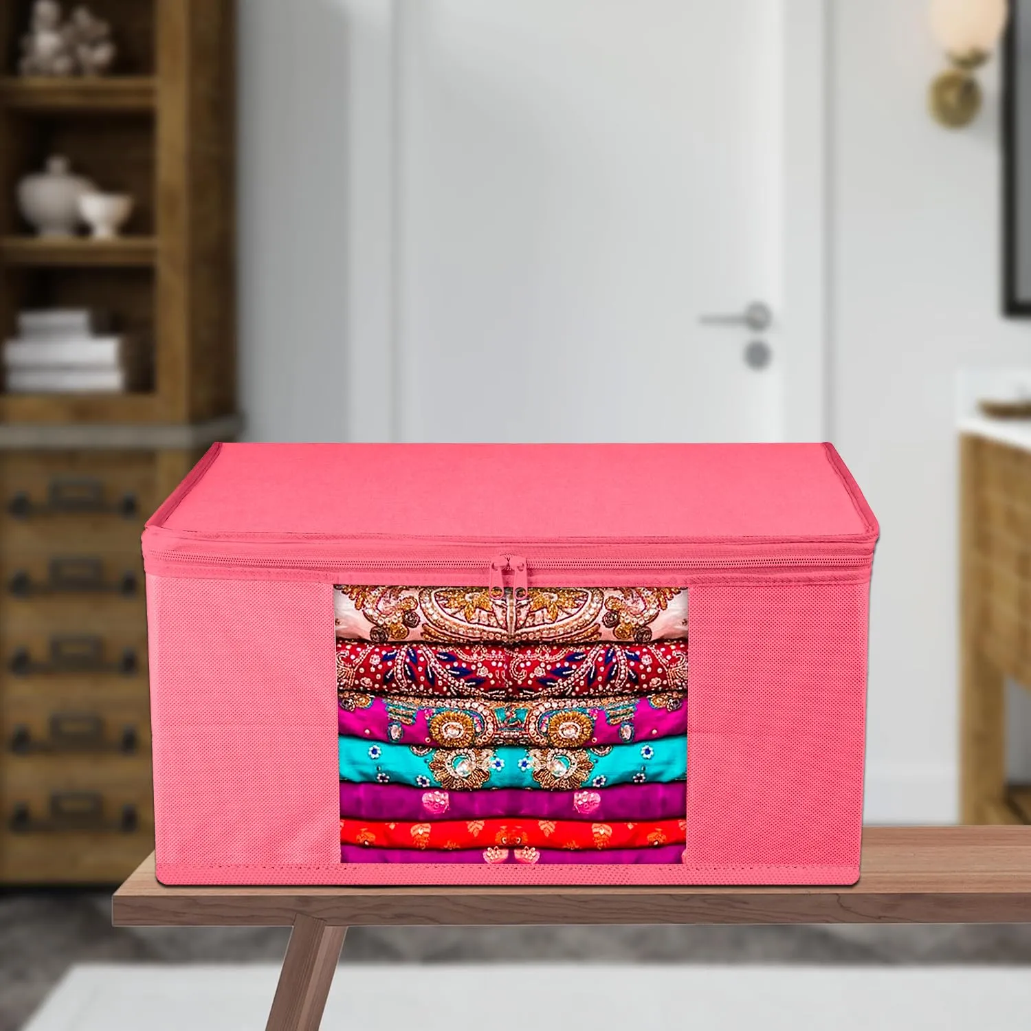 Heart Home Saree Cover | Zip Closure Saree Cover | Clothes Storage Bag | Wardrobe Organiser for Suit | Transparent Window Saree Cover | Plain Saree Cover | 9 inch | Pack of 3 | Pink
