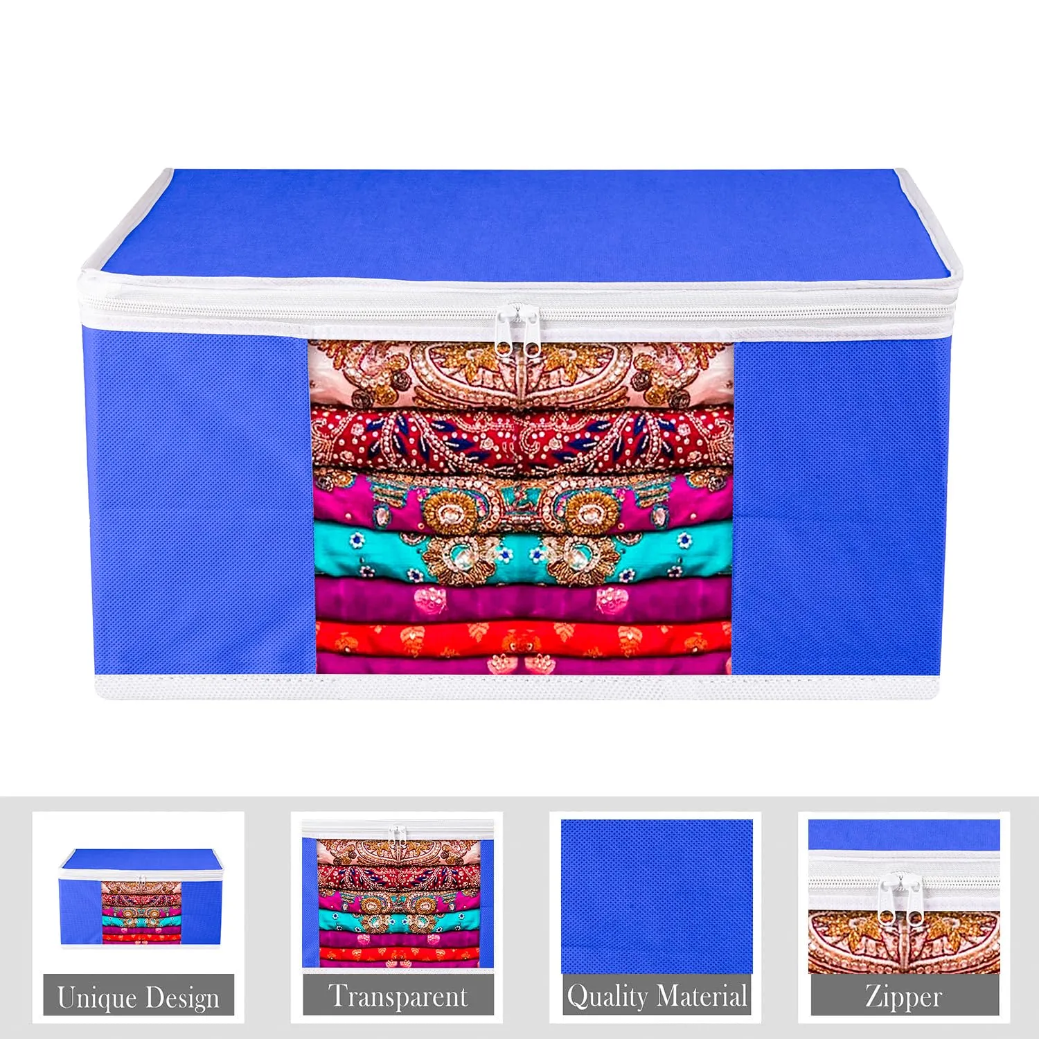 Heart Home Saree Cover | Zip Closure Saree Cover | Clothes Storage Bag | Wardrobe Organiser for Suit | Transparent Window Saree Cover | Plain-White Border | 9 inch | Pack of 6 | Blue