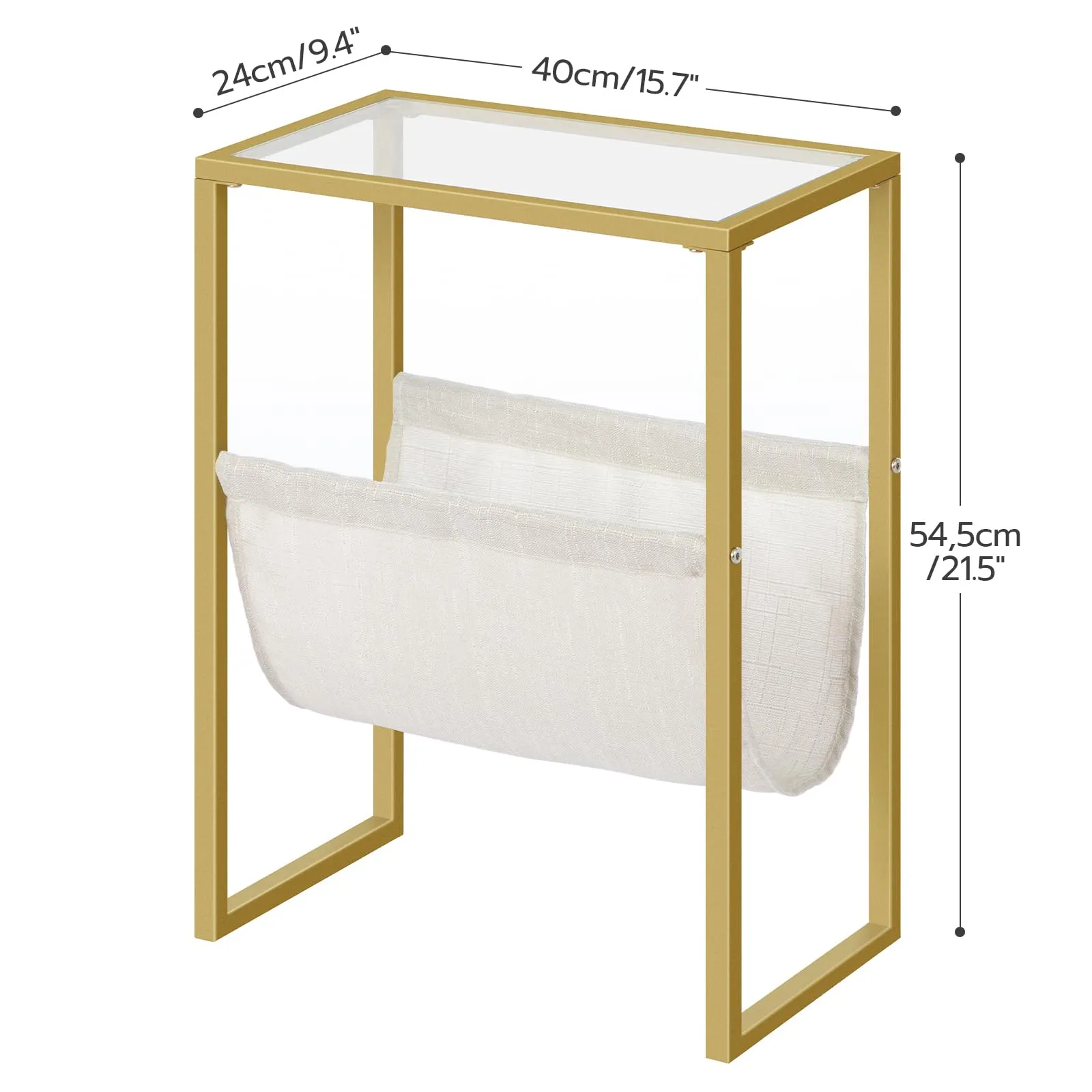 HOOBRO Narrow Side Table, Tempered Glass End Table with Fabric Magazine Sling, Small Coffee Accent Table, Bedside Table for Small Space, Bedroom, Living Room, Modern Style, Gold GD66BZ01