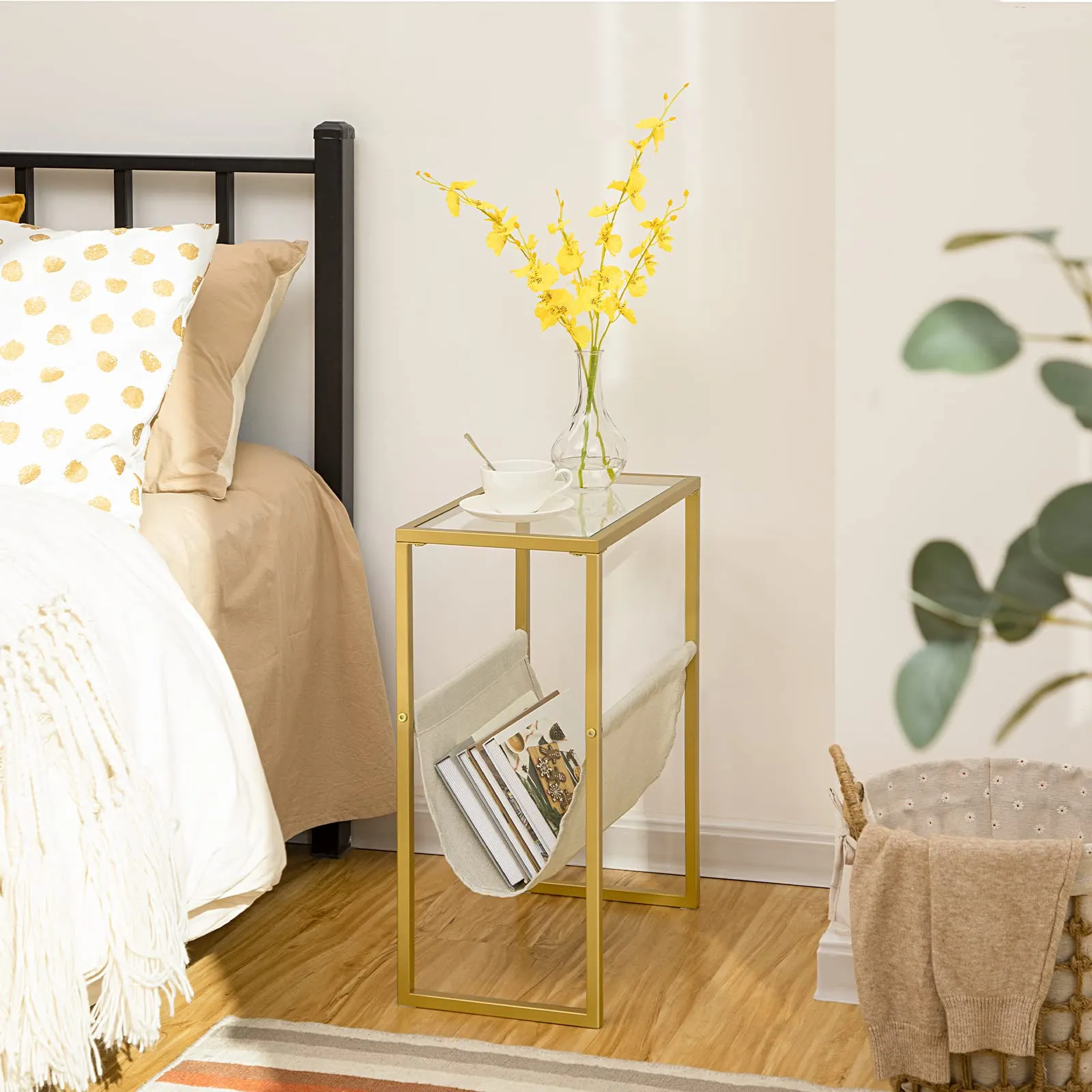 HOOBRO Narrow Side Table, Tempered Glass End Table with Fabric Magazine Sling, Small Coffee Accent Table, Bedside Table for Small Space, Bedroom, Living Room, Modern Style, Gold GD66BZ01