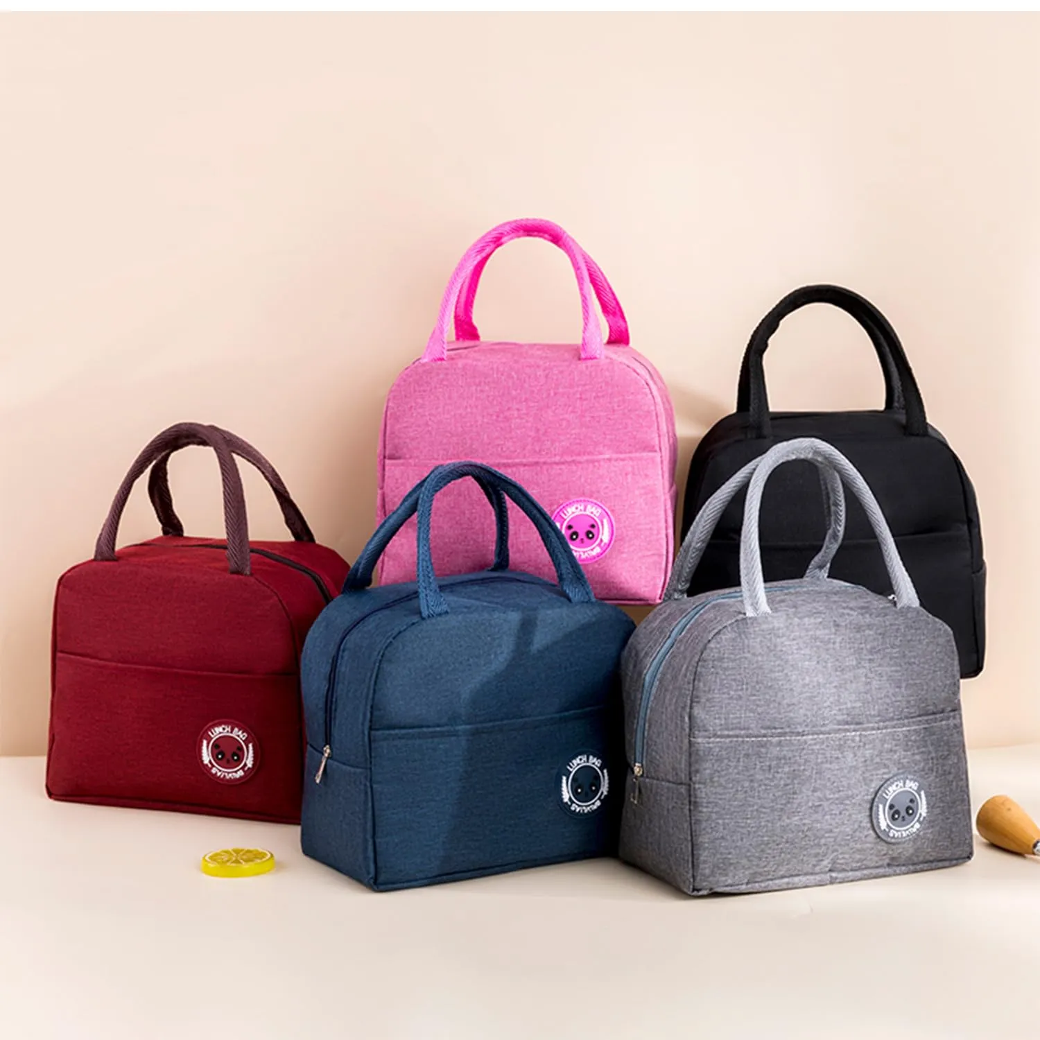 Kuber Industries Pack of 5 Lunch Bag | Lunch Bag for Office | Lunch Bag for College | Reusable Lunch Bag | Lunch Bag for Adults | Tiffin Lunch Bag with Handle | Plain | LYN12-RED | Red