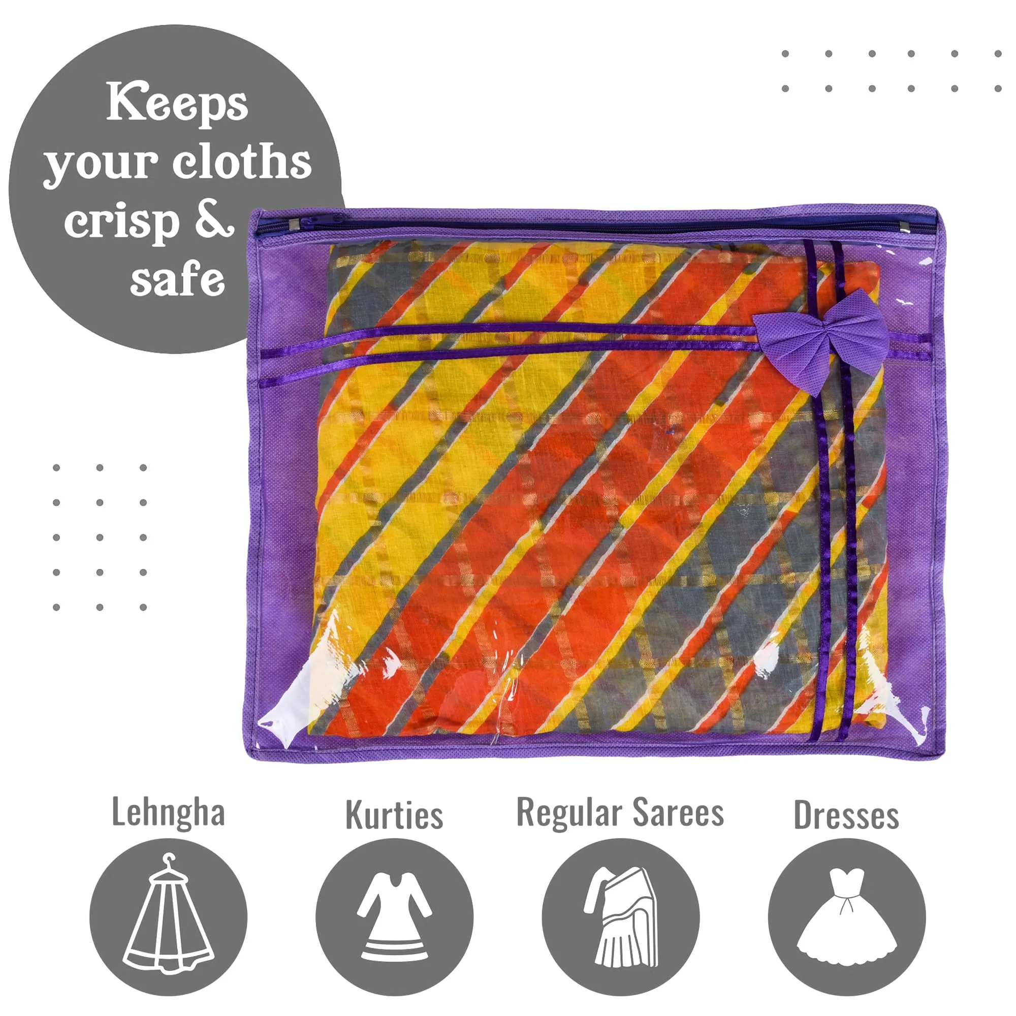 Kuber Industries Saree Cover | Clothes Storage Bag | Single Packing Saree with Zip Closure | Wardrobe Organizer | Cloth Stoarge Organizer | Bow-Design | Pack of 12 | Purple