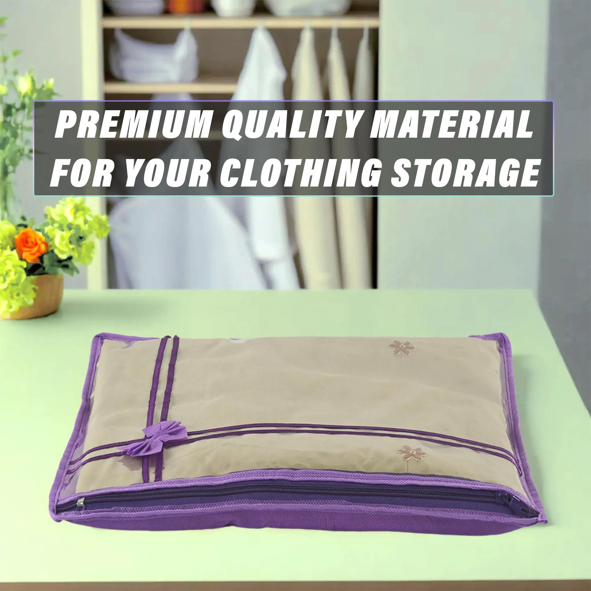 Kuber Industries Saree Cover | Clothes Storage Bag | Single Packing Saree with Zip Closure | Wardrobe Organizer | Cloth Stoarge Organizer | Bow-Design | Pack of 12 | Purple