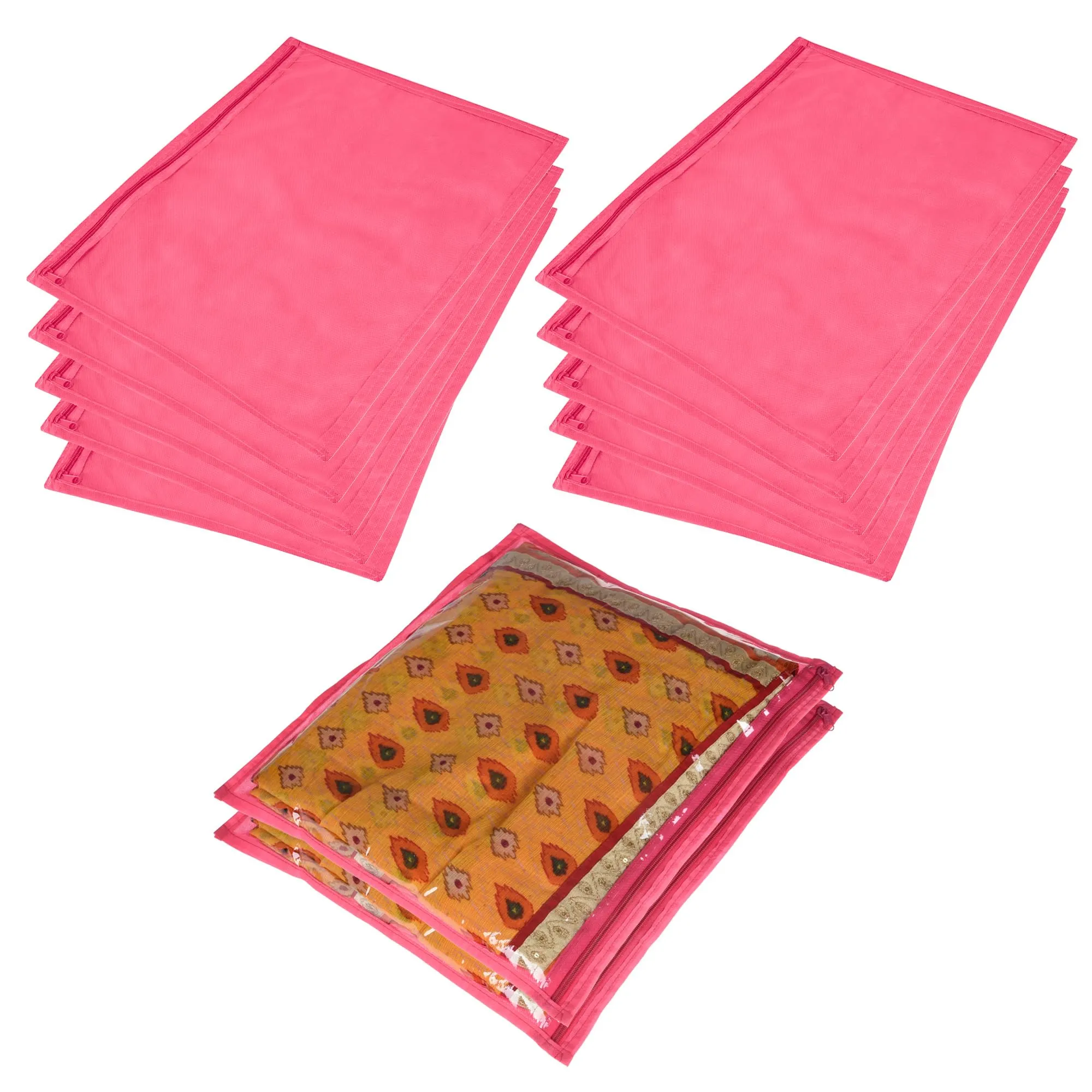 Kuber Industries Saree Cover | Clothes Storage Bag | Single Packing Saree with Zip Closure | Wardrobe Organizer | Cloth Stoarge Organizer | Plain Saree Cover | Pack of 12 | Pink