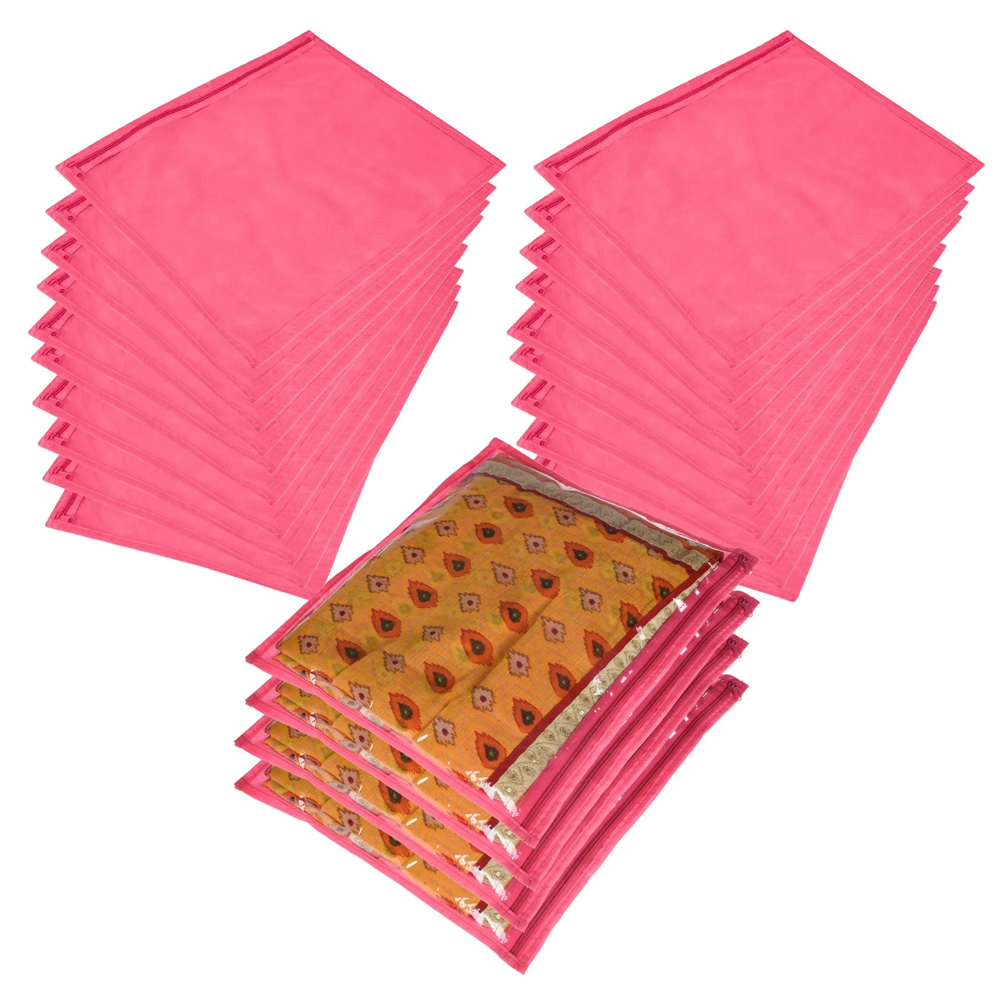 Kuber Industries Saree Cover | Clothes Storage Bag | Single Packing Saree with Zip Closure | Wardrobe Organizer | Cloth Stoarge Organizer | Plain Saree Cover | Pack of 24 | Pink