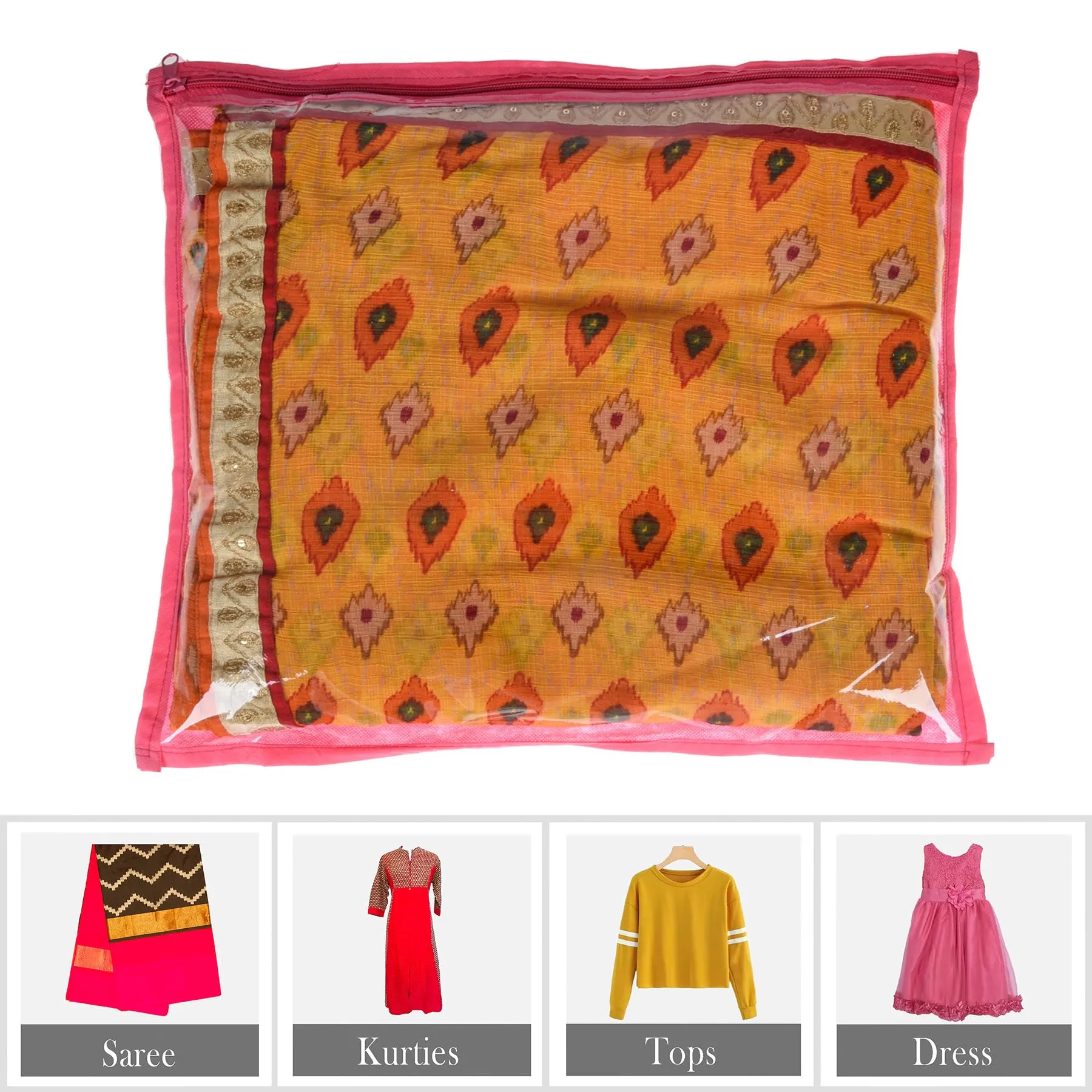 Kuber Industries Saree Cover | Clothes Storage Bag | Single Packing Saree with Zip Closure | Wardrobe Organizer | Cloth Stoarge Organizer | Plain Saree Cover | Pack of 24 | Pink