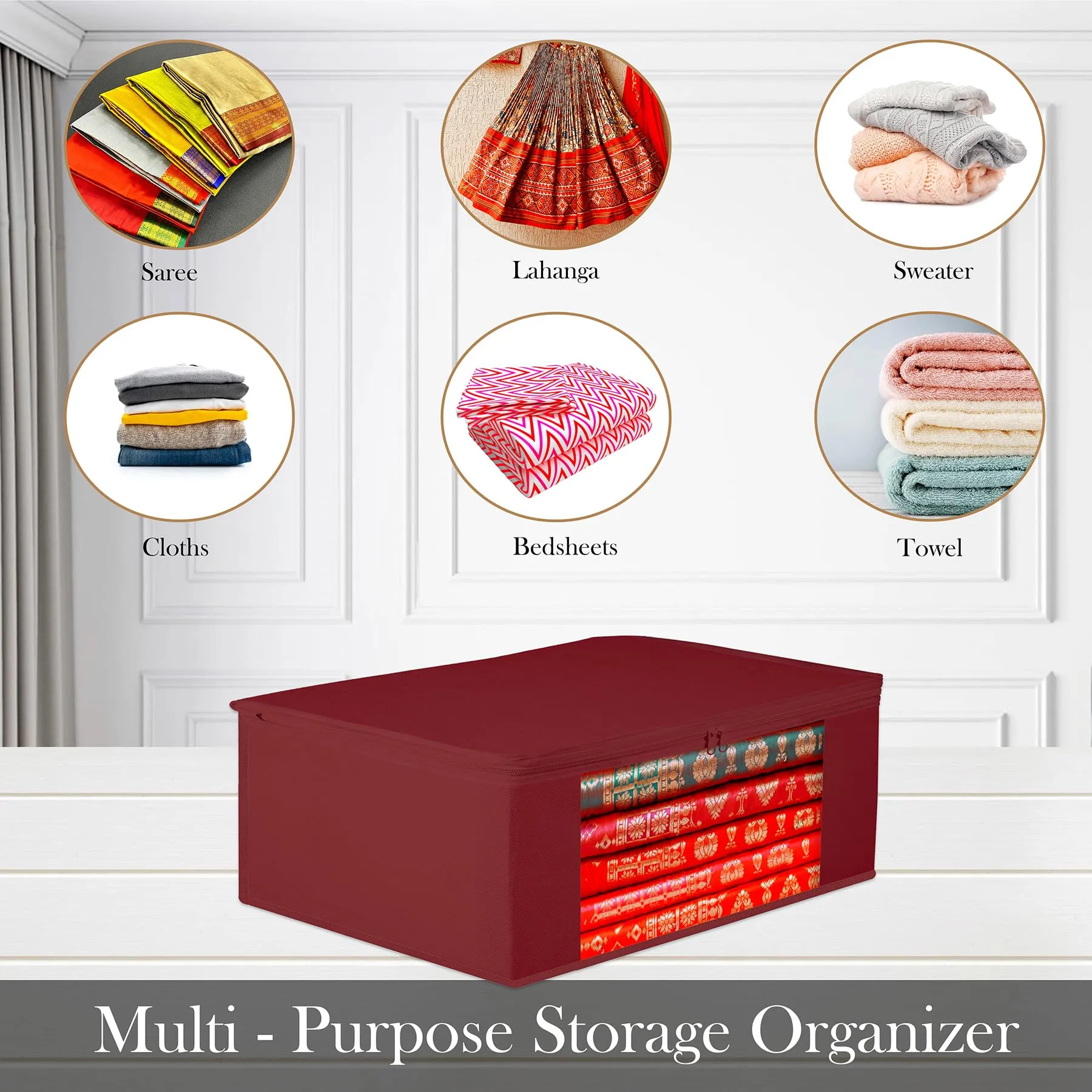 Kuber Industries Saree Cover | Clothes Storage Bag | Storage Organizer Bag | Zip Closure Saree Cover | Wardrobe Organizer | Plain Transparent Window Saree Cover | 6 Inch | Pack of 12 | Maroon