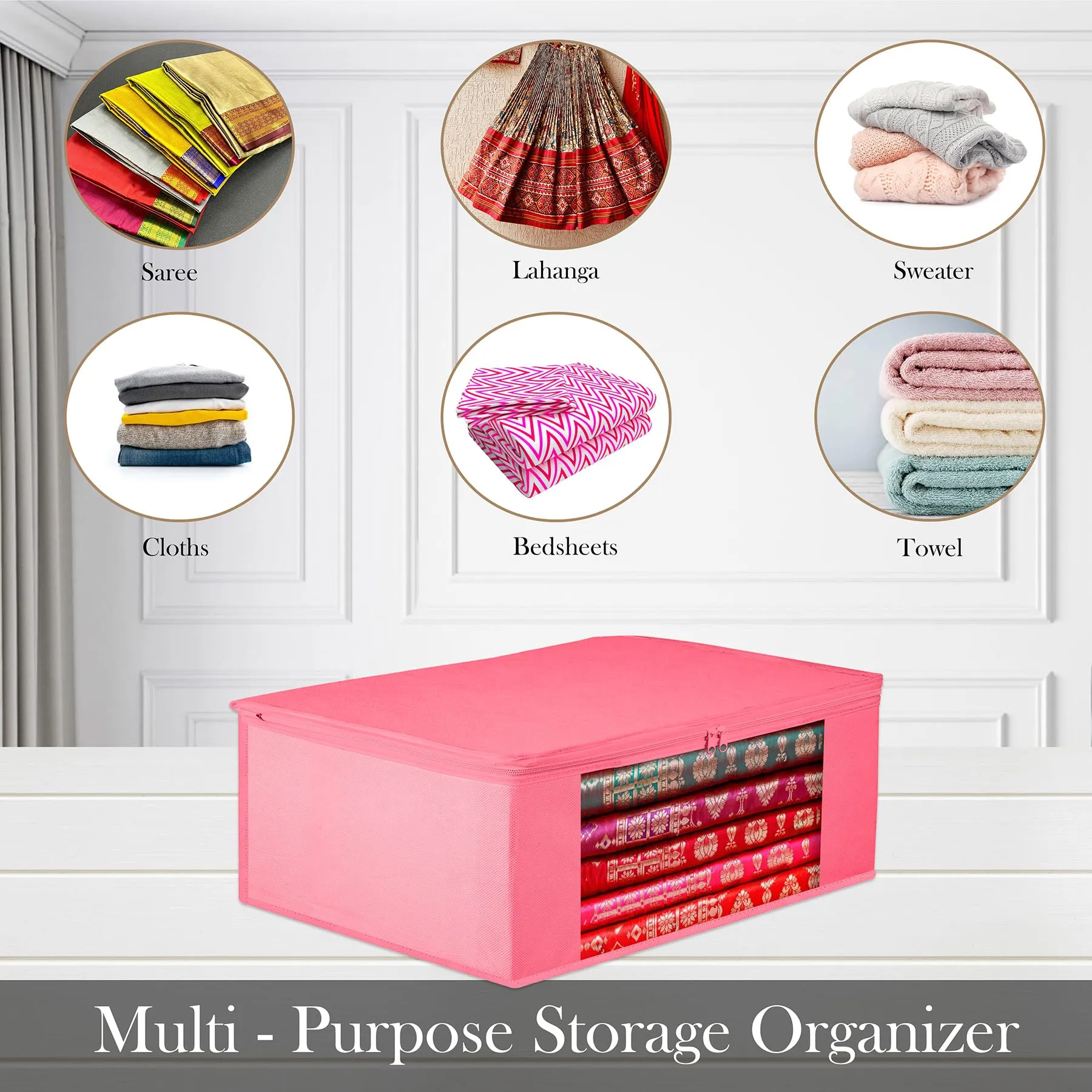 Kuber Industries Saree Cover | Clothes Storage Bag | Storage Organizer Bag | Zip Closure Saree Cover | Wardrobe Organizer | Plain Transparent Window Saree Cover | 6 Inch | Pack of 12 | Pink