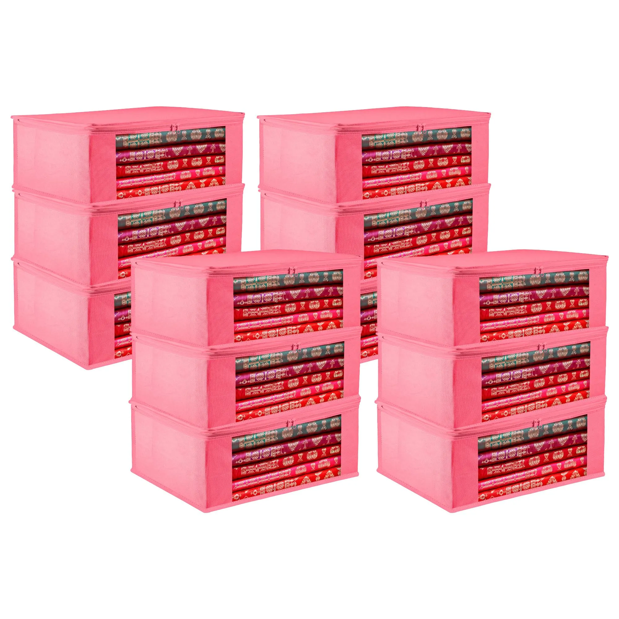 Kuber Industries Saree Cover | Clothes Storage Bag | Storage Organizer Bag | Zip Closure Saree Cover | Wardrobe Organizer | Plain Transparent Window Saree Cover | 6 Inch | Pack of 12 | Pink