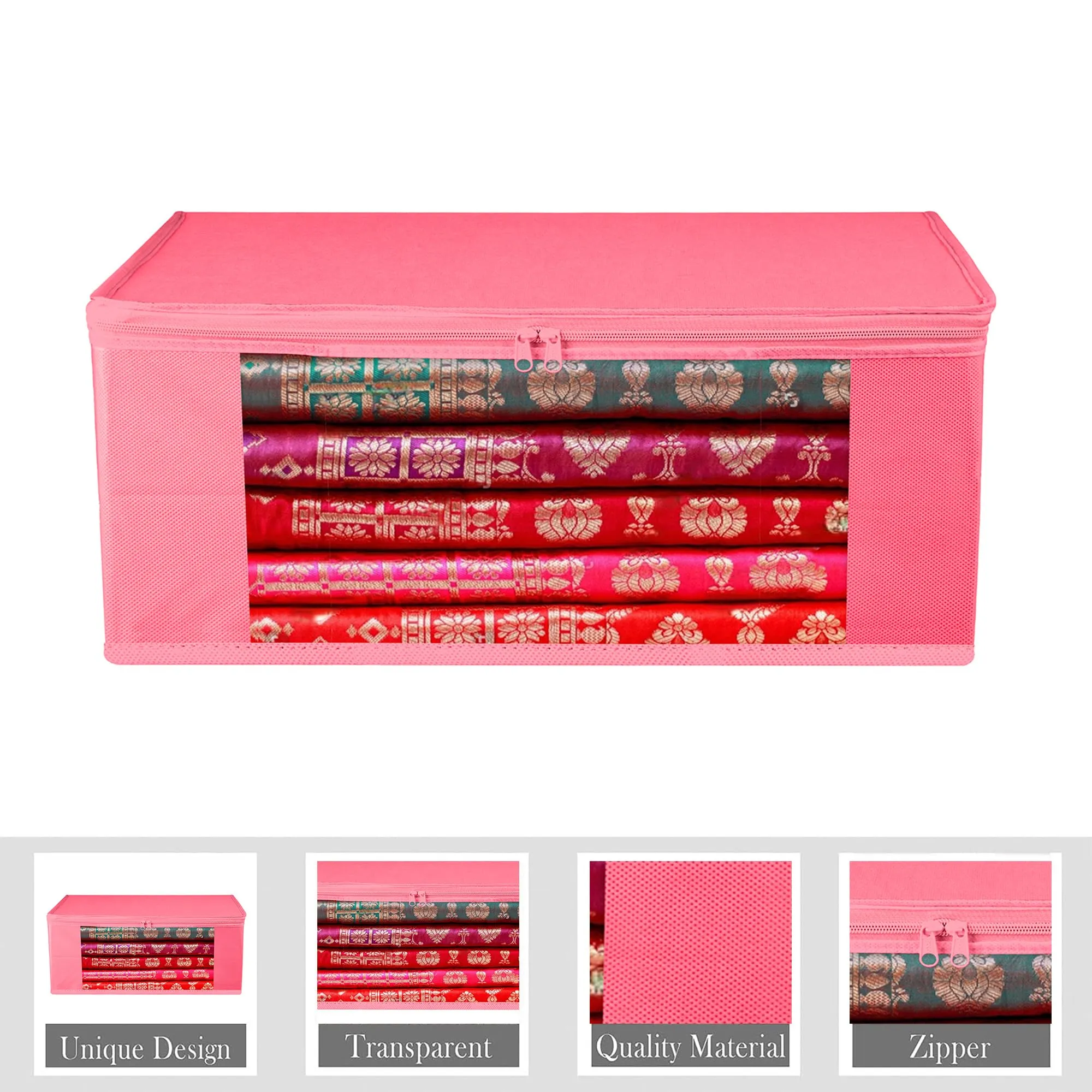 Kuber Industries Saree Cover | Clothes Storage Bag | Storage Organizer Bag | Zip Closure Saree Cover | Wardrobe Organizer | Plain Transparent Window Saree Cover | 6 Inch | Pack of 12 | Pink