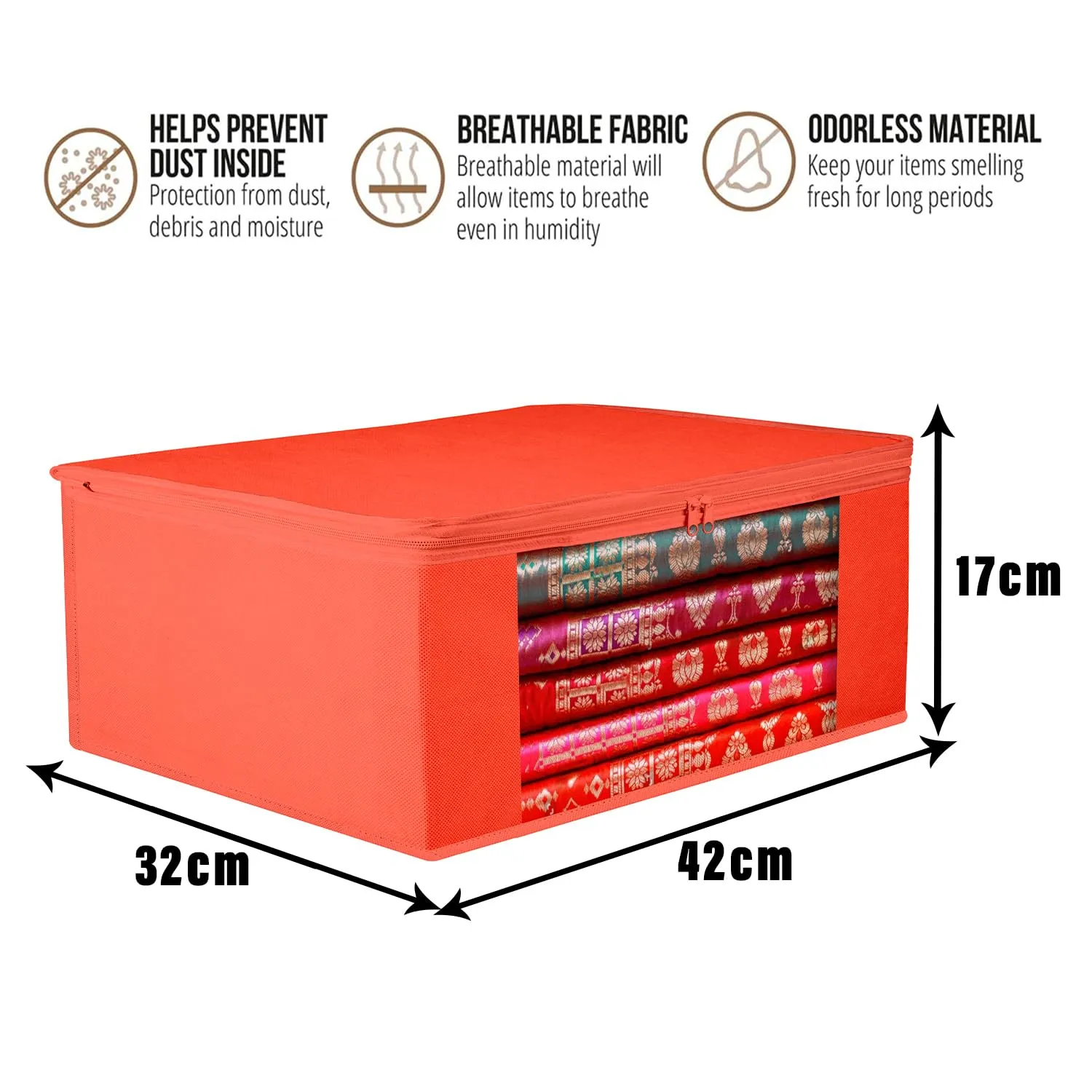 Kuber Industries Saree Cover | Clothes Storage Bag | Storage Organizer Bag | Zip Closure Saree Cover | Wardrobe Organizer | Plain Transparent Window Saree Cover | 6 Inch | Pack of 12 | Red