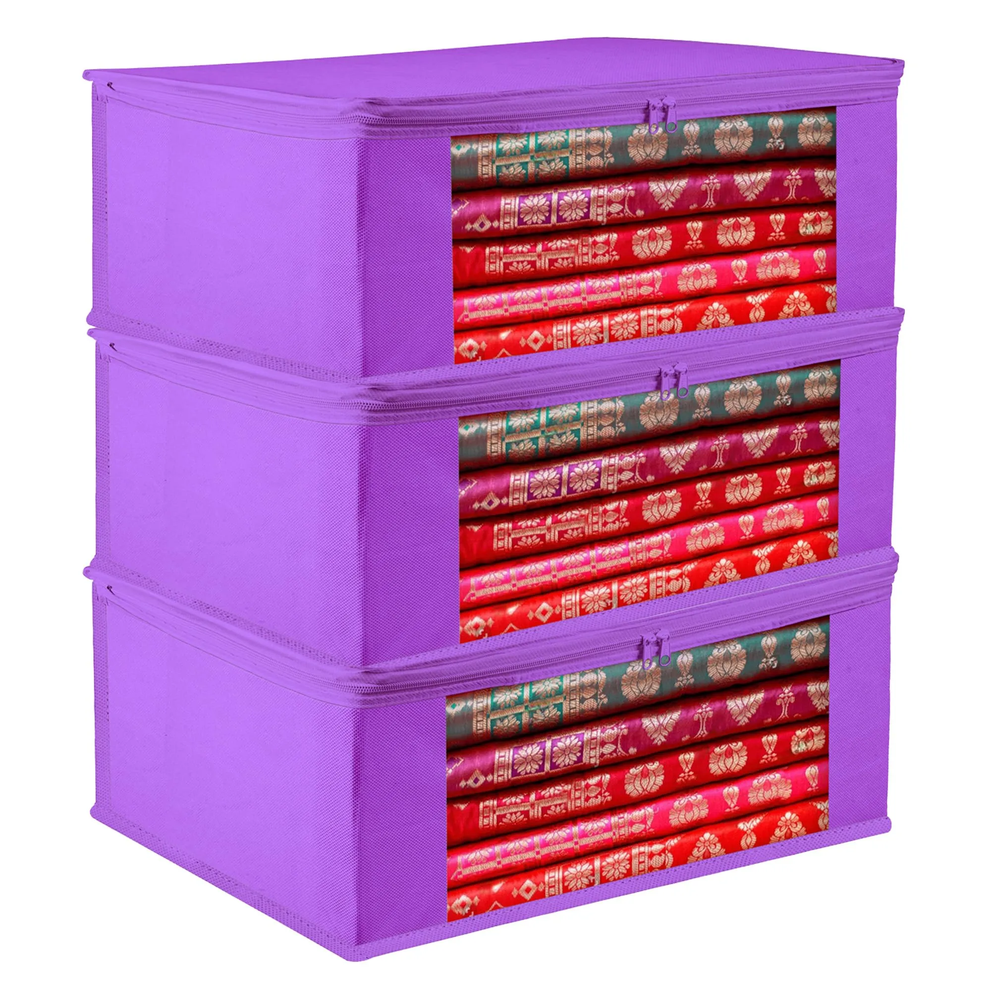 Kuber Industries Saree Cover | Clothes Storage Bag | Storage Organizer Bag | Zip Closure Saree Cover | Wardrobe Organizer | Plain Transparent Window Saree Cover | 6 Inch | Pack of 3 | Purple