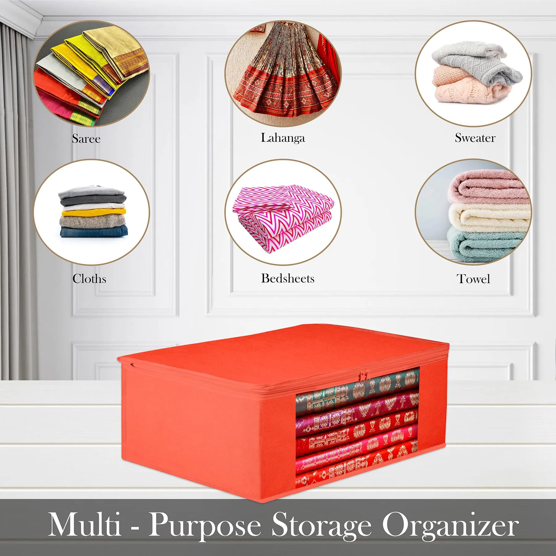 Kuber Industries Saree Cover | Clothes Storage Bag | Storage Organizer Bag | Zip Closure Saree Cover | Wardrobe Organizer | Plain Transparent Window Saree Cover | 6 Inch | Pack of 3 | Red