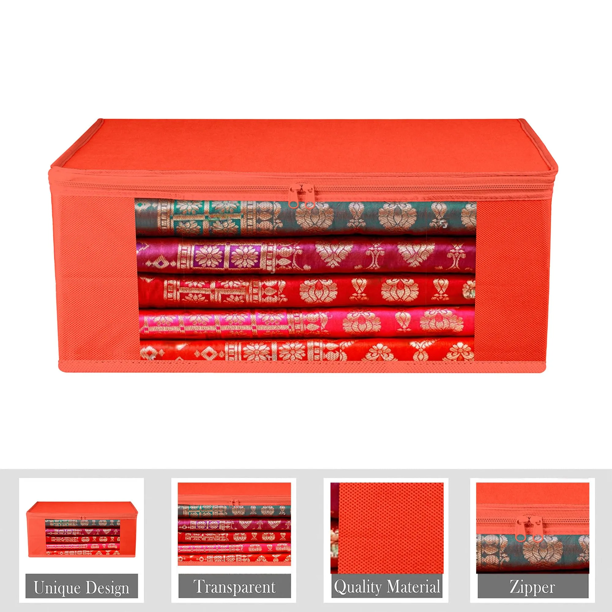 Kuber Industries Saree Cover | Clothes Storage Bag | Storage Organizer Bag | Zip Closure Saree Cover | Wardrobe Organizer | Plain Transparent Window Saree Cover | 6 Inch | Pack of 3 | Red