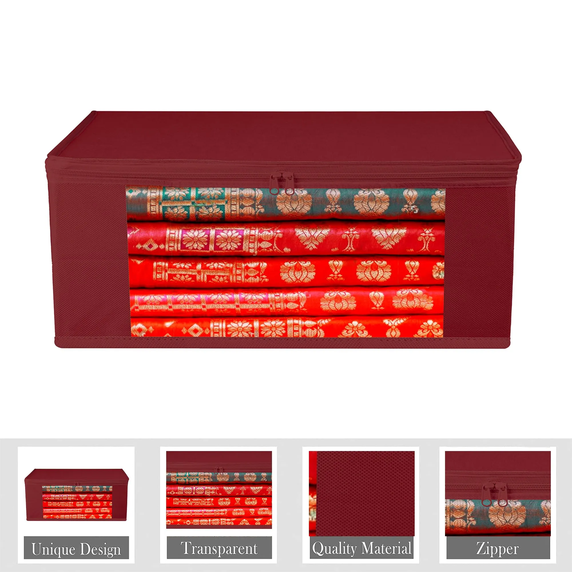 Kuber Industries Saree Cover | Clothes Storage Bag | Storage Organizer Bag | Zip Closure Saree Cover | Wardrobe Organizer | Plain Transparent Window Saree Cover | 6 Inch | Pack of 9 | Maroon