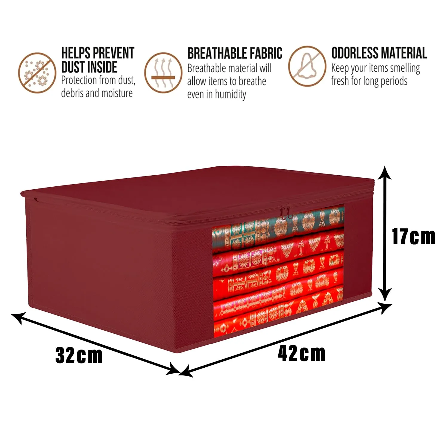 Kuber Industries Saree Cover | Clothes Storage Bag | Storage Organizer Bag | Zip Closure Saree Cover | Wardrobe Organizer | Plain Transparent Window Saree Cover | 6 Inch | Pack of 9 | Maroon