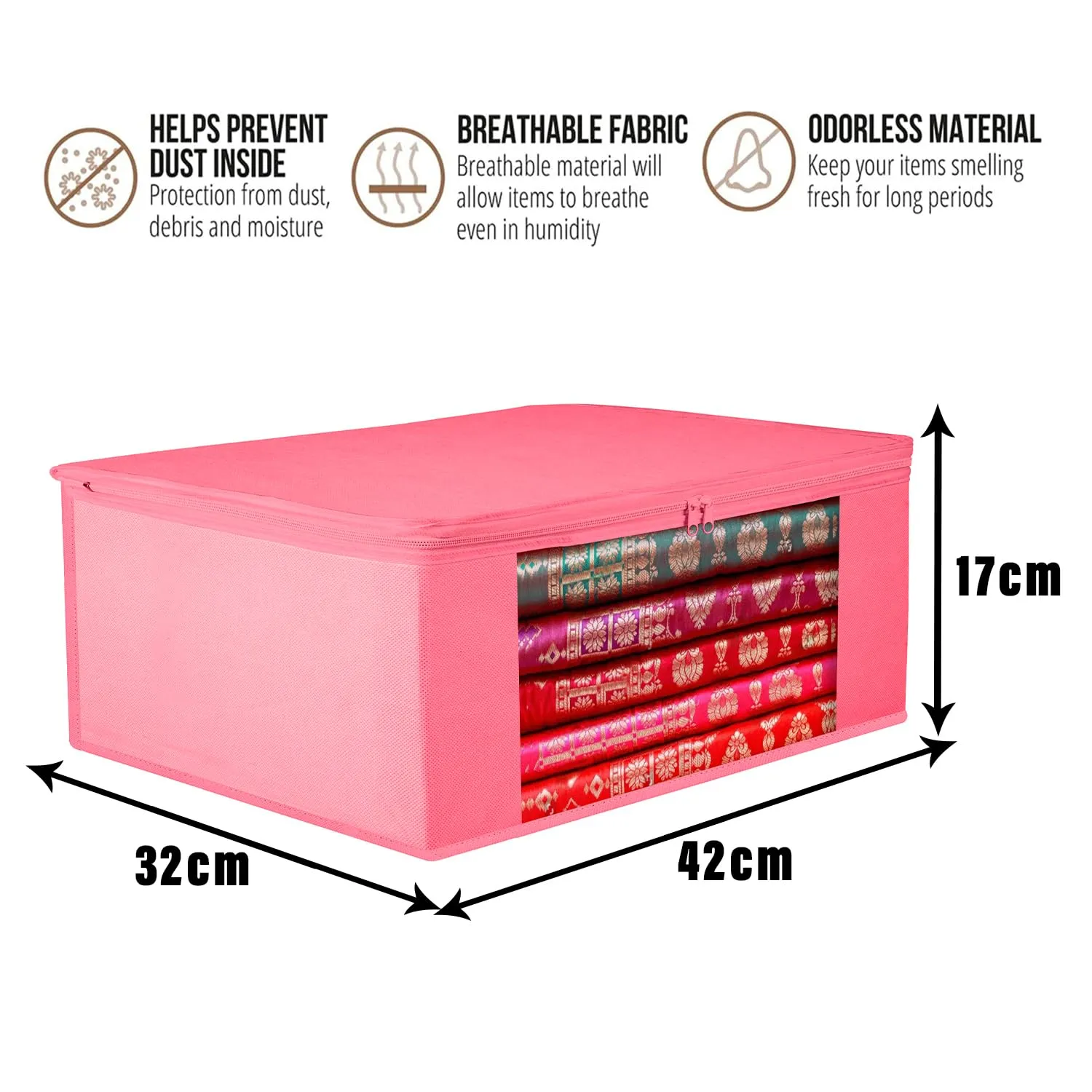 Kuber Industries Saree Cover | Clothes Storage Bag | Storage Organizer Bag | Zip Closure Saree Cover | Wardrobe Organizer | Plain Transparent Window Saree Cover | 6 Inch | Pack of 9 | Pink