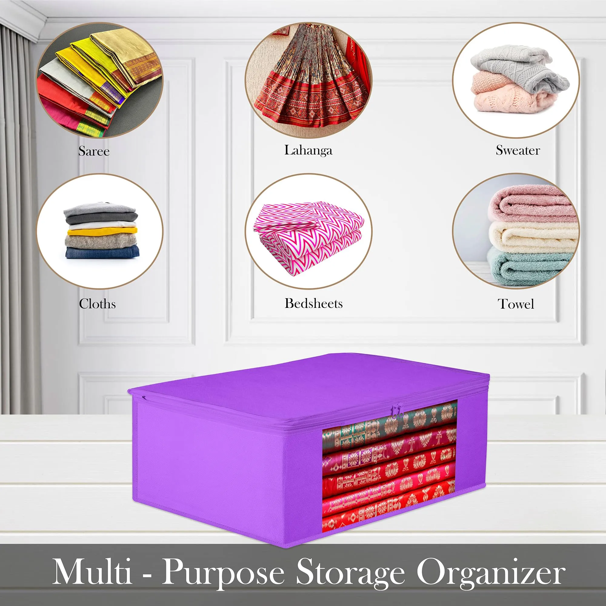 Kuber Industries Saree Cover | Clothes Storage Bag | Storage Organizer Bag | Zip Closure Saree Cover | Wardrobe Organizer | Plain Transparent Window Saree Cover | 6 Inch | Pack of 9 | Purple