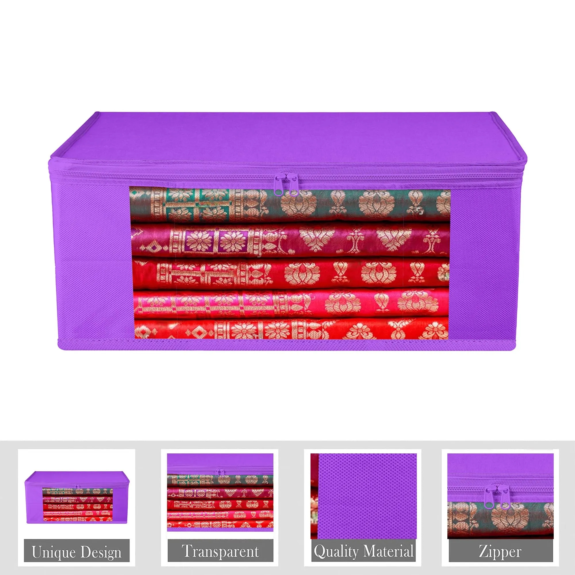 Kuber Industries Saree Cover | Clothes Storage Bag | Storage Organizer Bag | Zip Closure Saree Cover | Wardrobe Organizer | Plain Transparent Window Saree Cover | 6 Inch | Pack of 9 | Purple