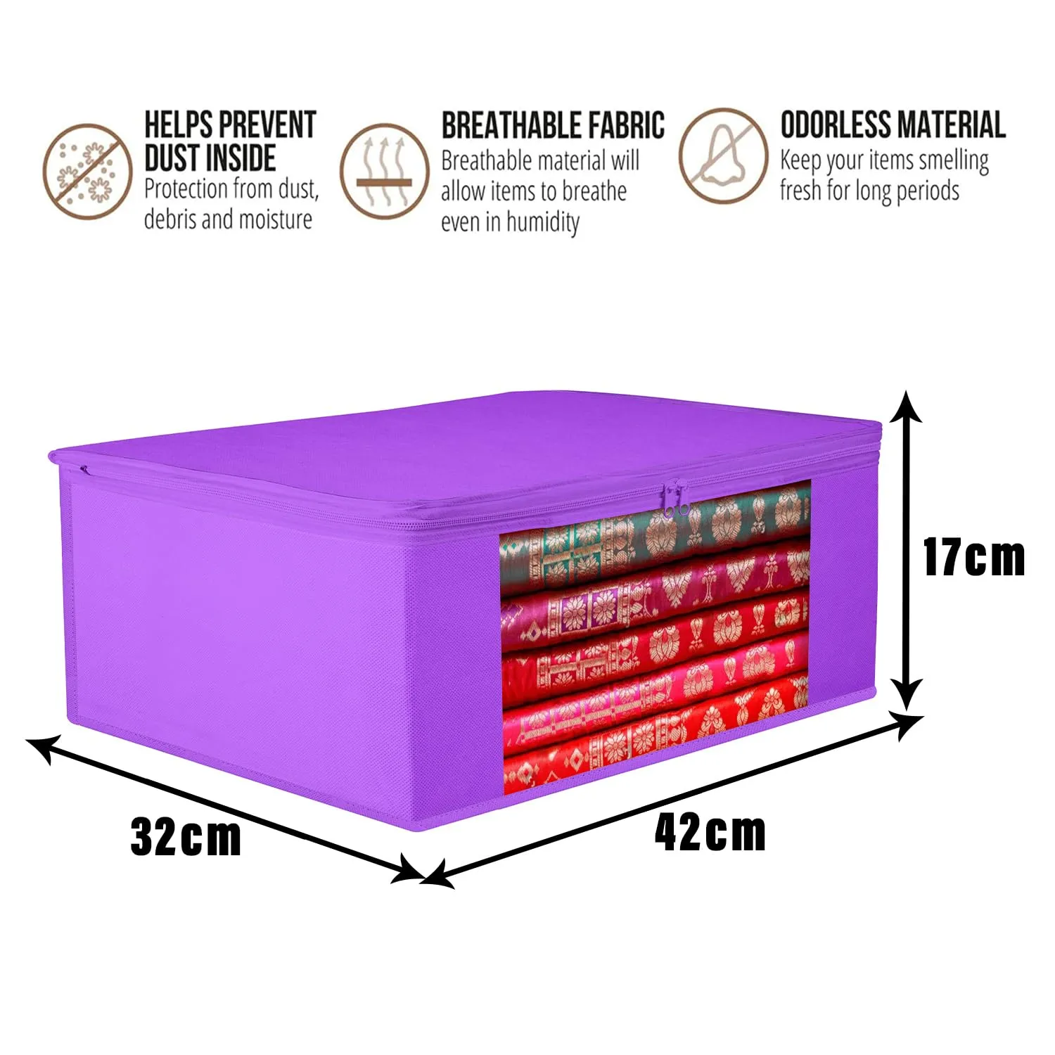 Kuber Industries Saree Cover | Clothes Storage Bag | Storage Organizer Bag | Zip Closure Saree Cover | Wardrobe Organizer | Plain Transparent Window Saree Cover | 6 Inch | Pack of 9 | Purple