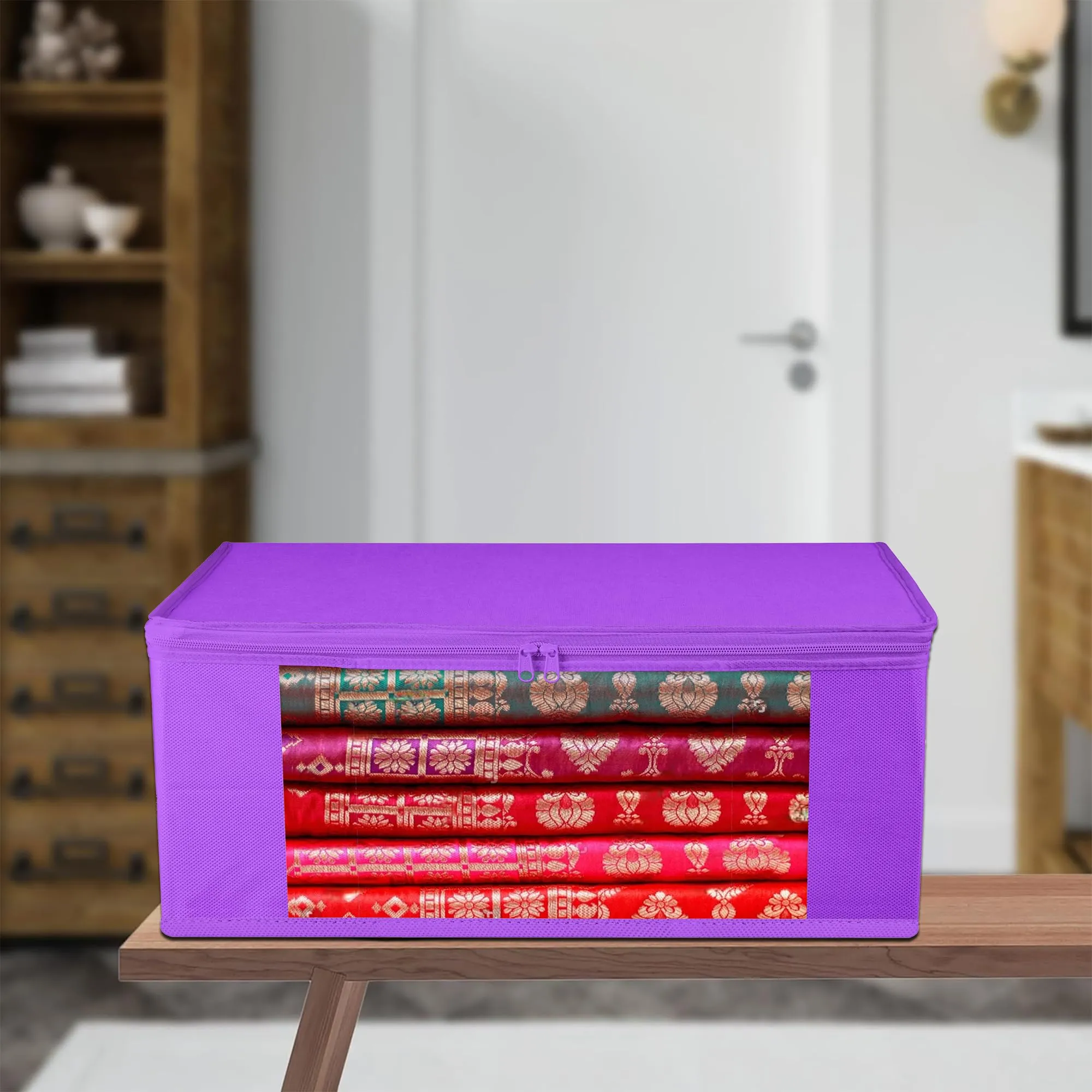 Kuber Industries Saree Cover | Clothes Storage Bag | Storage Organizer Bag | Zip Closure Saree Cover | Wardrobe Organizer | Plain Transparent Window Saree Cover | 6 Inch | Pack of 9 | Purple