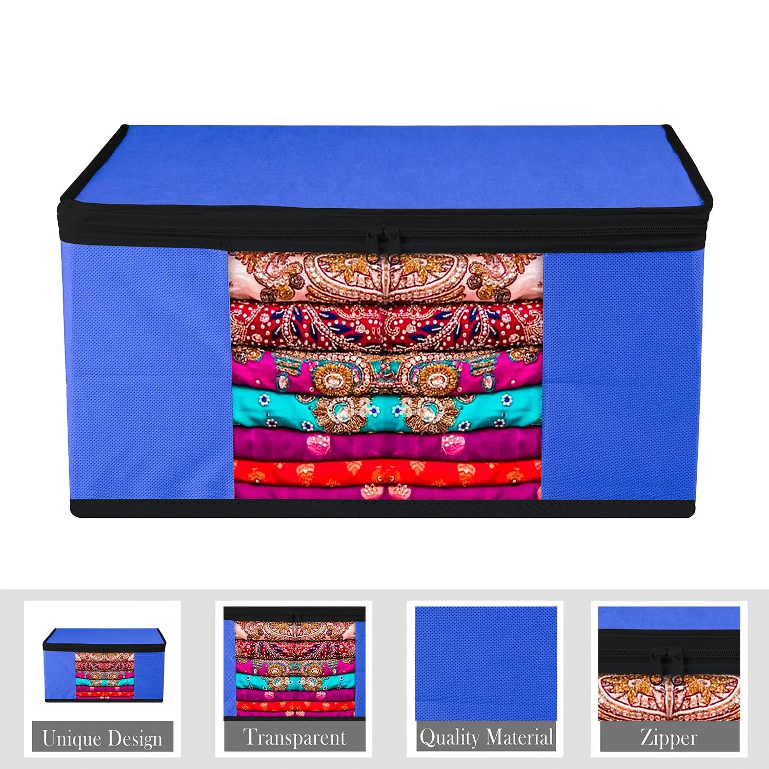 Kuber Industries Saree Cover | Zip Closure Saree Cover | Clothes Storage Bag | Wardrobe Organiser for Suit | Transparent Window Saree Cover | Plain-Black Border | 9 inch | Pack of 3 | Blue