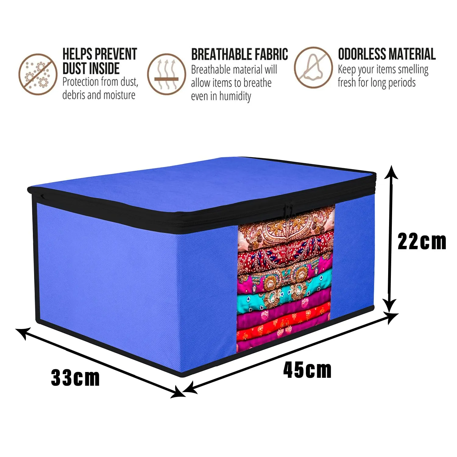 Kuber Industries Saree Cover | Zip Closure Saree Cover | Clothes Storage Bag | Wardrobe Organiser for Suit | Transparent Window Saree Cover | Plain-Black Border | 9 inch | Pack of 3 | Blue