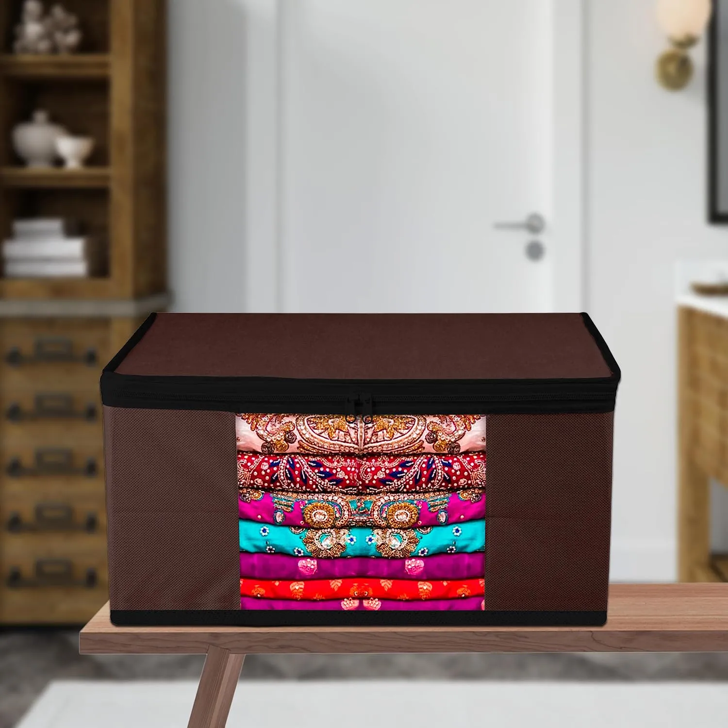 Kuber Industries Saree Cover | Zip Closure Saree Cover | Clothes Storage Bag | Wardrobe Organiser for Suit | Transparent Window Saree Cover | Plain-Black Border | 9 inch | Pack of 3 | Brown