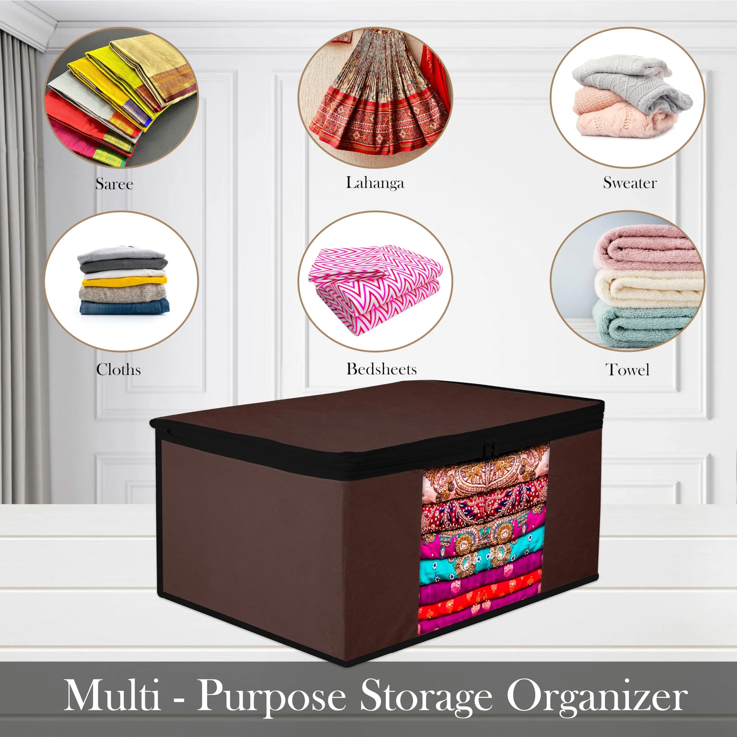 Kuber Industries Saree Cover | Zip Closure Saree Cover | Clothes Storage Bag | Wardrobe Organiser for Suit | Transparent Window Saree Cover | Plain-Black Border | 9 inch | Pack of 3 | Brown