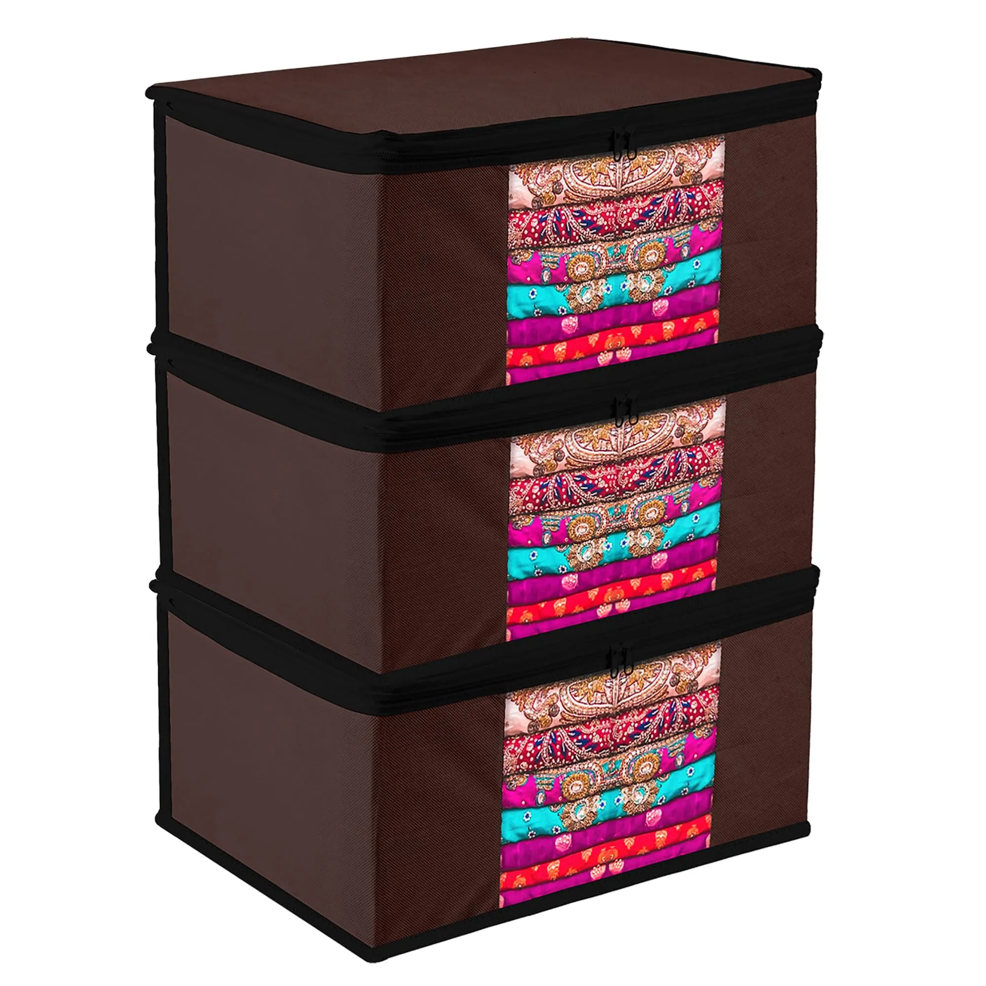 Kuber Industries Saree Cover | Zip Closure Saree Cover | Clothes Storage Bag | Wardrobe Organiser for Suit | Transparent Window Saree Cover | Plain-Black Border | 9 inch | Pack of 3 | Brown