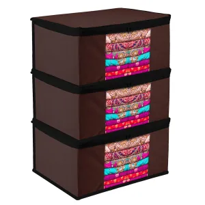 Kuber Industries Saree Cover | Zip Closure Saree Cover | Clothes Storage Bag | Wardrobe Organiser for Suit | Transparent Window Saree Cover | Plain-Black Border | 9 inch | Pack of 3 | Brown