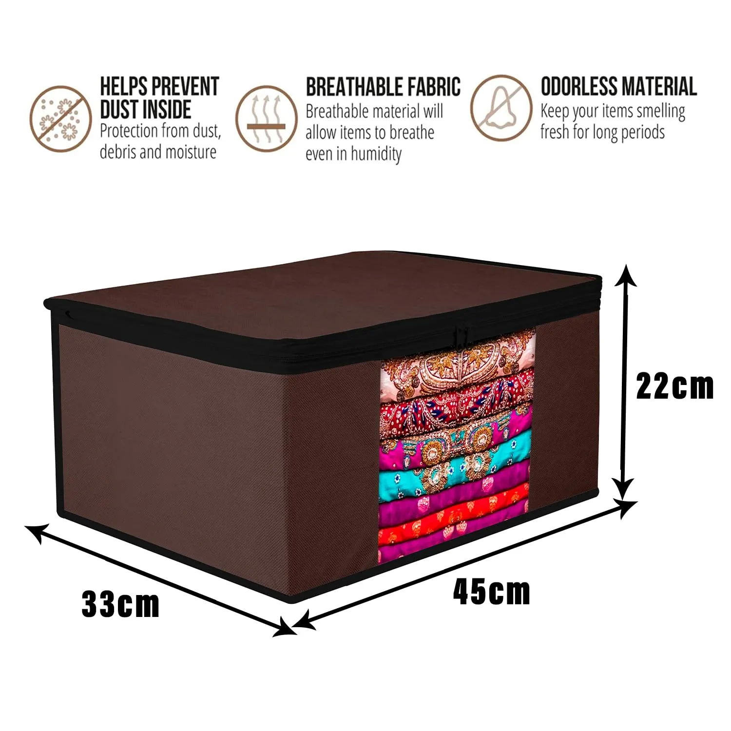 Kuber Industries Saree Cover | Zip Closure Saree Cover | Clothes Storage Bag | Wardrobe Organiser for Suit | Transparent Window Saree Cover | Plain-Black Border | 9 inch | Pack of 3 | Brown