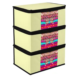 Kuber Industries Saree Cover | Zip Closure Saree Cover | Clothes Storage Bag | Wardrobe Organiser for Suit | Transparent Window Saree Cover | Plain-Black Border | 9 inch | Pack of 3 | Cream