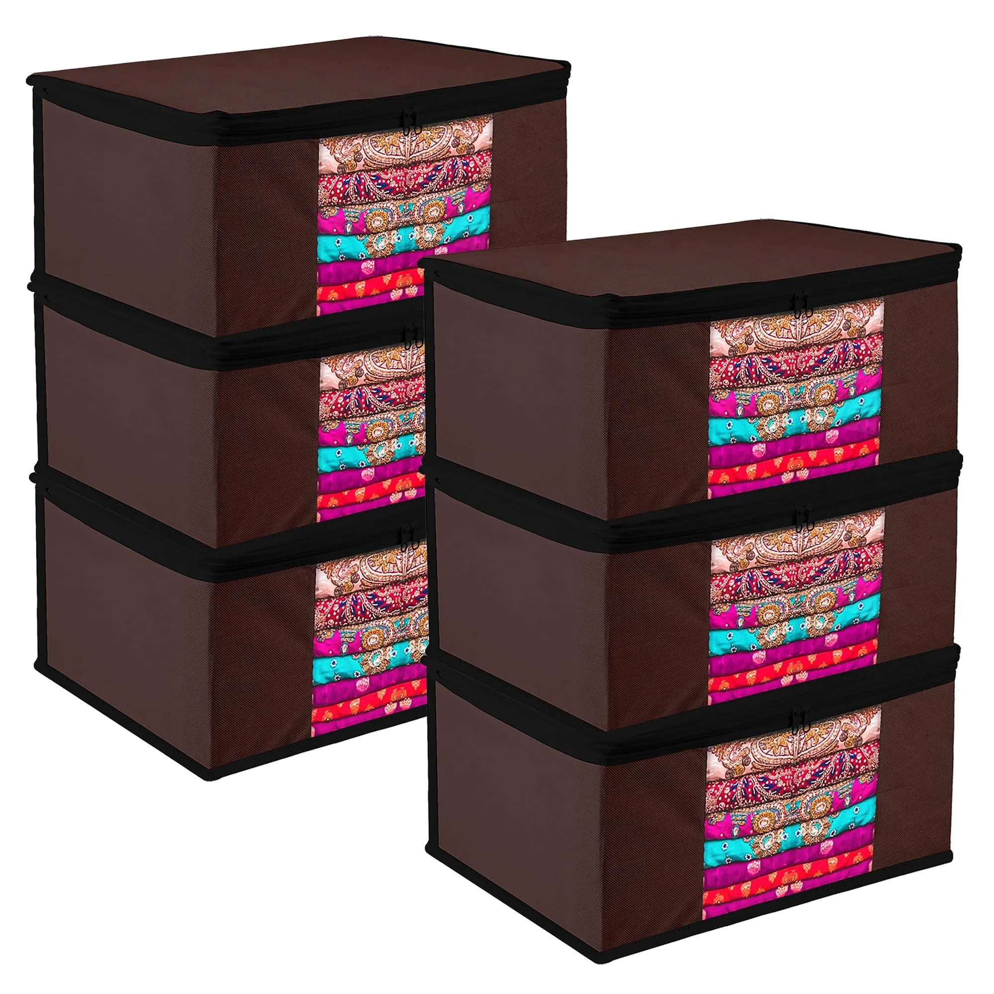 Kuber Industries Saree Cover | Zip Closure Saree Cover | Clothes Storage Bag | Wardrobe Organiser for Suit | Transparent Window Saree Cover | Plain-Black Border | 9 inch | Pack of 6 | Brown