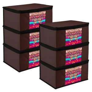 Kuber Industries Saree Cover | Zip Closure Saree Cover | Clothes Storage Bag | Wardrobe Organiser for Suit | Transparent Window Saree Cover | Plain-Black Border | 9 inch | Pack of 6 | Brown