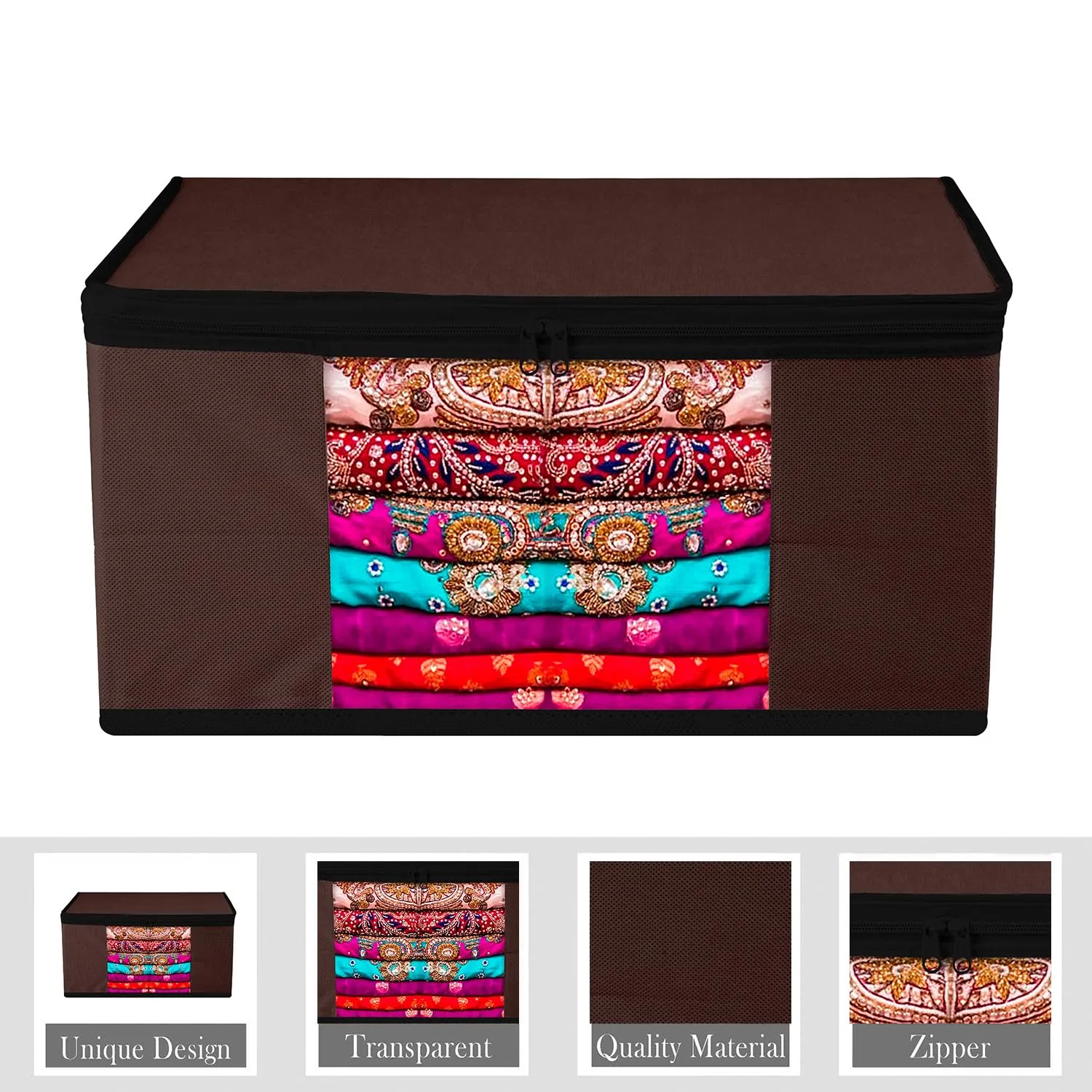 Kuber Industries Saree Cover | Zip Closure Saree Cover | Clothes Storage Bag | Wardrobe Organiser for Suit | Transparent Window Saree Cover | Plain-Black Border | 9 inch | Pack of 6 | Brown